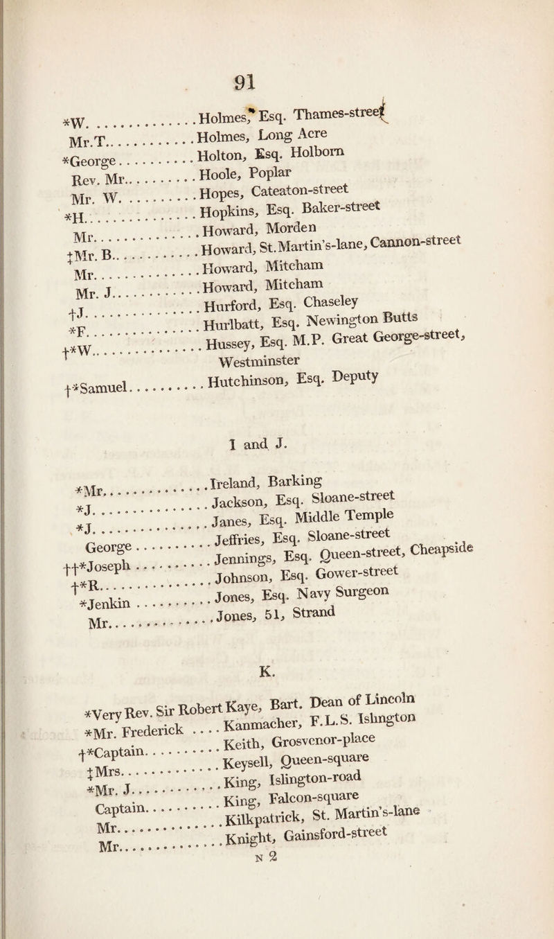 *w. Mr.T. ^George. Rev. Mr. Mr. W. .. .. . Mr. +Mr. B... Mr.... Mr. J. tJ.. • *F. .. I^Samuel.... . Holmesr Esq. Thaines-stree( .Holmes, Long Acre . Holton, Esq. Holbom . Hoole, Poplar . Hopes, Cateaton-street . Hopkins, Esq. Baker-street .Howard, Morden . Howard, St.Martin’s-lane, Cannon-street .Howard, Mitcham .Howard, Mitcham . Hurford, Esq. Chaseley . Hurlbatt, Esq. Newington Butts .. Hussey, Esq. M.P. Great George-street, Westminster Hutchinson, Esq. Deputy I and J. .Ireland, Barking .Jackson, Esq. Sloane-street J,.. Janes, Esq. Middle Temple . Jeffries Esq. Sloane-street ..Jennings, Esq. Queen-street, Cheapside q:'-'.:SL.l E.,' :::::.j.™. K. .VeryBev.SirEobertKaye, Bart. Dean ^f ^n *Mr Frederick .... Kanmaclrer, F.L.b Islington “ . Keith, Grosvcnor-plaee ^+Mm .• • • • • Keysell, Queen-square :Mrj .King, IsUngton-road ” Kinc, Falcon-square .Kilkpatrick, St. Martin’s-lane .Knight, Gainsford-street Mr..  N %
