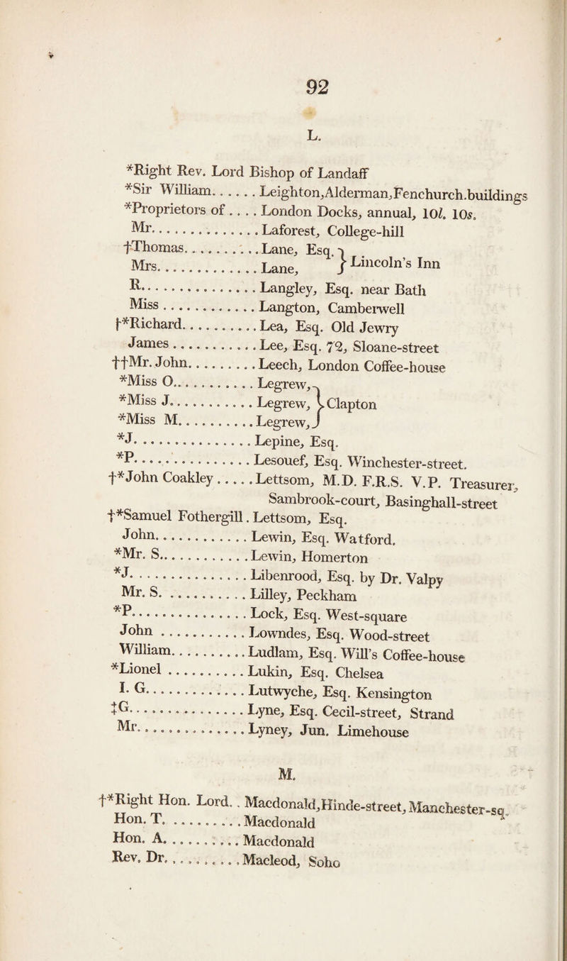 *Right Rev. Lord Bishop of Landaff *Sir William.Leighton,Alderman,Fenchurch.buildings *Proprietors of .... London Docks, annual, lOZ. 10^, ...Laforest, College-hill fThomas.:.. Lane, Esq. q Mrs.Lane, J Lincoln’s Inn ..Langley, Esq. near Bath ^Ls.Langton, Camberwell l^Richard.. Lea, Esq. Old Jewry James.Lee, Esq. 72j Sloane-street j'fMr. John.Leech, London Coffee-house *Miss O.Legrew,^ *Miss J...Legrew, i Clapton *Miss M.. ..Legrew, J .Lepine, Esq. .Lesouef, Esq. Winchester-street. t*John Coakley.Lettsom, M.D. F.R.S. V.P. Treasurer, Sambrook-court, Basinghall-street t*Samuel Fothergill. Lettsom, Esq. .Lewin, Esq. Watford. *Mr. S.Lewin, Homerton .Libenrood, Esq. by Dr. Valpy Mr. S.LiUey, Peckham .Lock, Esq. West-square .Lowndes, Esq. Wood-street .Ludlam, Esq. WiU’s Coffee-house ^Lionel.Lukin, Esq. Chelsea ^...Lutwyche, Esq. Kensington .Lyne, Esq. Cecil-street, Strand Mr*... ....Lyney, Jun. Limehouse M. t^Right Hon. Lord.. Macdonald,Hinde-street,Manchester-sq. Hon. T.. Macdonald Hon. A. ......... Macdonald Dr,Macleod, Soho