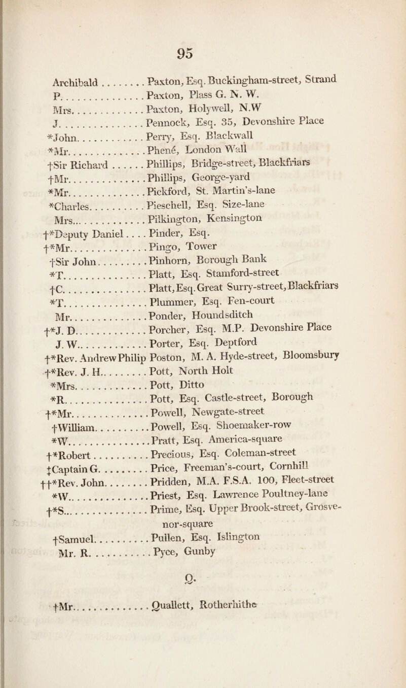 Archibald . „ . . . Paxton, Esq. Buckingham-street, Strand P. .......... . , . . Paxton, Piass G. N. W. Mrs.. . . . Paxton, Holywell, N.W J.. .. . . Pennock, Esq. 35, Devonshire Place *John. Perr)^ Esq. Blackwall ^Mr. . Pheii^, London Wall fSir Richard .. . Phillips, Bridge-street, Blackfriars f Mr. .w ., . .. . Phillips, George-yard *Mr. .Pickford, St. Martin’s-lane ^Charles. . . Pieschell, Esq. Size-lane Mrs... ........ . .. Pilkington, Kensington f ^Deputy Daniel . . .. Pinder, Esq. d’^Mr.. . .. . Pingo, Tower fSir John. .. . Pinhorn, Borough Bank .. . Platt, Esq. Stamford-street tc. Platt, Esq. Great Surry-street, Blackfriars •5tT .. .. Plummer, Esq. Fen-court Pdr. . . . .Ponder, Houndsditch J^J. D. Porcher, Esq. M.P. Devonshire Place J. W... .. . Porter, Esq. Deptford •f^Rev. Andrew Philip Poston, M. A. Hyde-street, Bloomsbury d'*Rev. J. H. ., . . Pott, North Holt *Mrs.. .. .. Pott, Ditto *R. .. . . Pott, Esq. Castle-street, Borough f *Mr... .. . Powell, Newgate-street fWilliam.. .. .. Powell, Esq. Shoemaker-row *W... .. ..Pratt, Esq. America-square f ■‘^Robert. _Precious, Esq. Coleman-street ^CaptainG. .. ,, _Price, Freeman’s-court, Cornhill tt*Rev. John.... Pridden, M.A. F.S.A. 100, Fleet-street *W. .... Priest, Esq. Lawrence Poultney-lane '|'*S.. Prime, Esq. Upper Brook-street, Grosve- nor-square f Samuel... , ., _Pullen, Esq. Islington Mr. R. .... P)^ce, Gunby 0- fMr.jQuallett, Rotherliithe