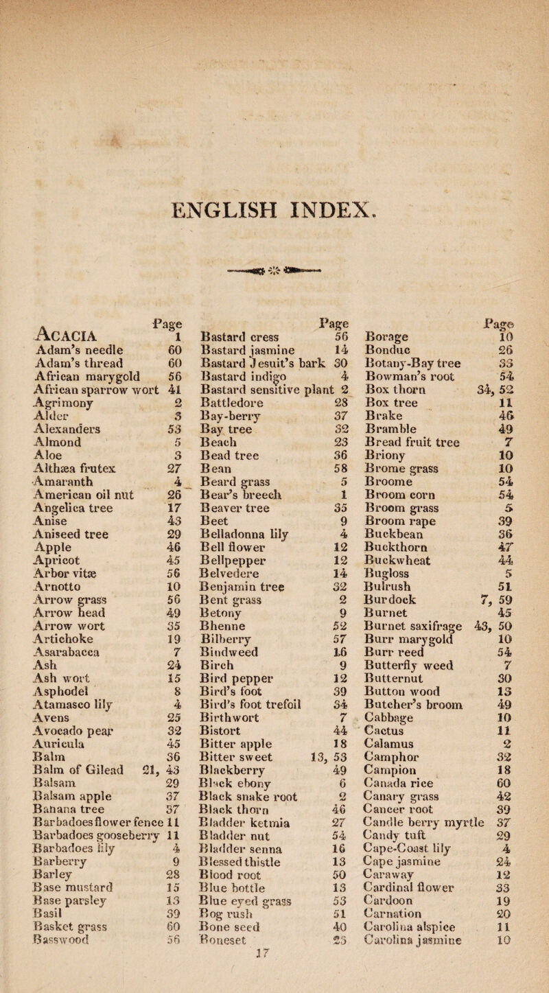 ENGLISH INDEX . Page Acacia i Bastard cress Page 56 Adam’s needle 60 Bastard iasmine 14 Adam’s thread 60 Bastard J esuit’s bark 30 African marygold 56 Bastard indigo 4 African sparrow wort 41 Bastard sensitive plant 2 Agrimony 2 Battledore 28 Alder S Bay-berry 37 Alexanders 53 Bay tree 32 Almond 5 Beach 23 Aloe 3 Bead tree 36 Althgea frutex 27 B ean 58 Amaranth 4 Beard grass 5 American oil nut 26 Bear’s breech 1 Angelica tree 17 Beaver tree 35 Anise 43 Beet 9 Aniseed tree 29 Belladonna lily 4 Apple 46 Bell flower 12 Apricot 45 Bellpepper 12 Arbor vitse 56 Belvedere 14 Arnotto 10 Benjamin tree 32 Arrow grass 56 Bent grass 2 Arrow head 49 Betony 9 Arrow wort 35 Bhenne 52 Artichoke 19 Bilberry 57 Asarabacca 7 Bindweed 16 Ash 24 Birch 9 Ash wort 15 Bird pepper 12 Asphodel 8 Bird’s foot 39 Atamasco lily 4 Bird’s foot trefoil 34 Avens 25 Birthwort 7 Avocado pear 32 Bistort 44 Auricula 45 Bitter apple 18 Balm 36 Bitter sweet 13, 53 Balm of Gilead 21, 43 Blackberry 49 Balsam 29 Black ebony 6 Balsam apple 37 Black snake root 2 Banana tree 37 Black thorn 46 Barbadoesflower fence 11 Bladder ketmia 27 Bai’badoes gooseberry 11 Bladder nut 54 Barbadoes lily 4 Bladder senna 16 Barberry 9 Blessed thistle 13 Barley 28 Blood root 50 Base mustard 15 Blue bottle 13 Base parsley 13 Blue eyed grass 53 Basil 39 Bog rush 51 Basket grass 60 Bone seed 40 Basswood 56 Boneset j^\j Borage Pag© 10 Bonduc 26 Botany-Bay tree o r* oa Bowman’s root 54 Box thorn 34, 52 Box tree 11 Brake 4G Bramble 49 Bread fruit tree 7 Briony 10 Brorae grass 10 Broome 54 Broom corn 54 Broom grass 5 Broom rape 39 Buckbean 36 Buckthorn 4r Buckwheat 44 Bugloss 5 Bulrush 51 Burdock 7, 59 Burnet 45 Burnet saxifrage 43, 50 Burr marygold 10 Burr reed 54 Butterfly weed 7 Butternut 30 Button wood 13 Butcher’s broom 49 Cabbage 10 Cactus 11 Calamus 2 Camphor 32 Campion 18 Canada rice 60 Canary grass 42 Cancer root 39 Candle berry myrtle 37 Candy tuft 29 Cape-Coast lily 4 Cape jasmine 24 Caraway 12 Cardinal flower 33 Cardoon 19 Carnation 20 Carolina alspice 11 Carolina jasmine 10 17