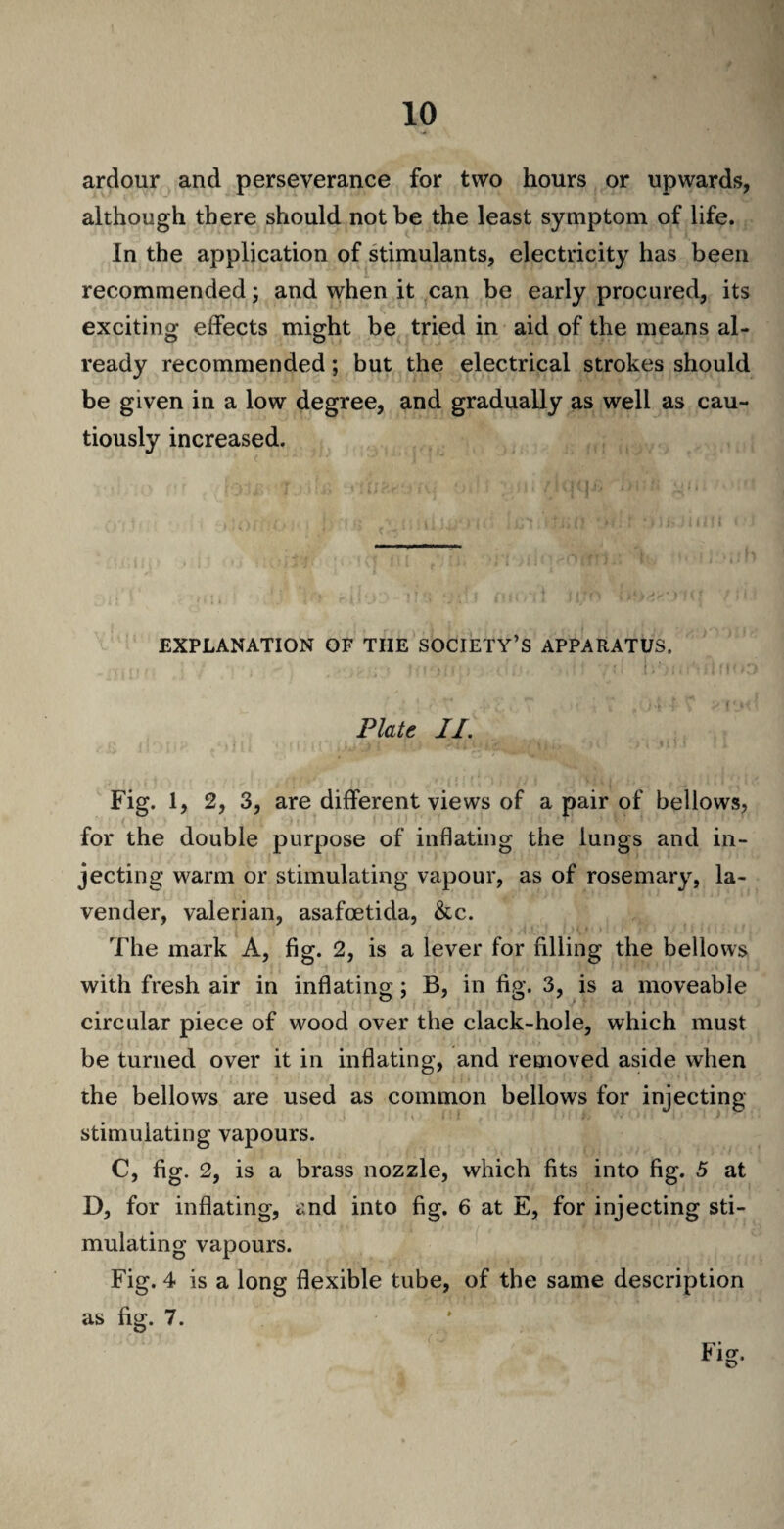 ardour and perseverance for two hours or upwards, although there should not be the least symptom of life. In the application of stimulants, electricity has been recommended; and when it can be early procured, its exciting effects might be tried in aid of the means al¬ ready recommended; but the electrical strokes should be given in a low degree, and gradually as well as cau¬ tiously increased. EXPLANATION OF THE SOCIETY’S APPARATUS. Platt II. Fig. 1, 2, 3, are different views of a pair of bellows, for the double purpose of inflating the lungs and in¬ jecting warm or stimulating vapour, as of rosemary, la¬ vender, valerian, asafcetida, &c. The mark A, fig. 2, is a lever for filling the bellows with fresh air in inflating; B, in fig. 3, is a moveable circular piece of wood over the clack-hole, which must be turned over it in inflating, and removed aside when the bellows are used as common bellows for injecting v x I i 1 F I !'!’#> >.'/•><> i i * 9 • * stimulating vapours. C, fig. 2, is a brass nozzle, which fits into fig. 5 at D, for inflating, and into fig. 6 at E, for injecting sti¬ mulating vapours. Fig. 4 is a long flexible tube, of the same description as fig. 7.