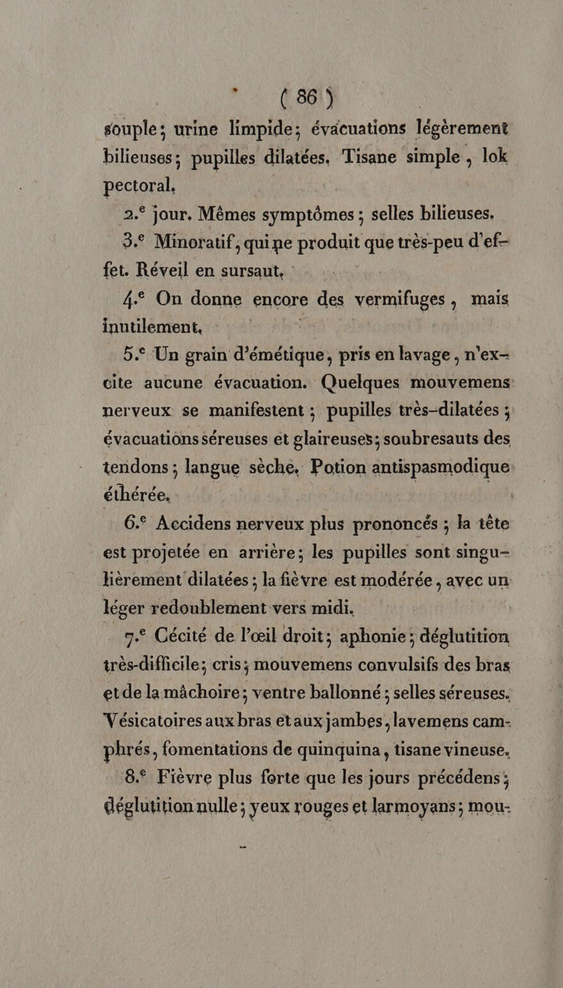 1: 1 6m souple; urine limpide; évacuations légèrement bilieuses ; pupilles dilatées. Tisane simple L lok pectoral. | | 2.° jour. Mêmes symptômes ; selles bilieuses. 3. Minoraüf ; quine produit que très-peu d'ef- fet. Réveil en sursaut, 4 On donne encore des vermifuges, mais inutilement, Nan 5. Un grain d’émétique, pris en lavage, n'ex- cite aucune évacuation. Quelques mouvemens: nerveux se manifestent ; pupilles très-dilatées ; évacuations séreuses et glaireuses; soubresauts des tendons ; langue sèche. Potion antispasmodique éthérée. | | | 6. Accidens nerveux plus prononcés ; la tête est projetée en arrière; les pupilles sont singu- Hèrement dilatées ; la fièvre est modérée, avec un léger redoublement vers midi. ‘à 7. Cécité de l’œil droit; aphonie; déglutition très-difficile; cris; mouvemens convulsifs des bras etde la mâchoire; ventre ballonné ; selles séreuses. Vésicatoires aux bras etaux jambes, lavemens cam- phrés, fomentations de quinquina, tisane vineuse. 8. Fièvre plus forte que les jours précédens; déglutition nulle ; yeux rouges et larmoyans; mou- Lan Vs ve æ