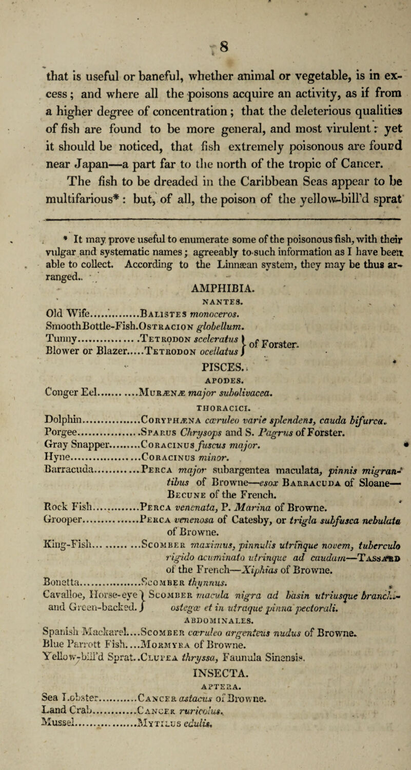 cess ; and where all the poisons acquire an activity, as if from a higher degree of concentration ; that the deleterious qualities of fish are found to be more general, and most virulent: yet it should be noticed, that fish extremely poisonous are found near Japan—a part far to the north of the tropic of Cancer. The fish to be dreaded in the Caribbean Seas appear to be multifarious* : but, of all, the poison of the yellow-bilfd sprat * It may prove useful to enumerate some of the poisonous fish, with their vulgar and systematic names; agreeably to such information as I have been able to collect. According to the Linnaean system, they may be thus ar¬ ranged.. • • AMPHIBIA. NANTES. Old Wife.'..Balistes monoceros. SmoothBottle-Fish.OsTRACiON globellum. Tunny...Tetrodon sceleratus I * Fnrqfpr Blower or Blazer.Tetrodon ocellatus J PISCES, i APODES. Conger Ed.Mur.«n.* major subolivacca. THORACICI. Dolphin.Coryphvena cocruleo varie splendent, cauda bifurca* Porgee.Sparus Chrysops and S. Pagrus of Forster. Gray Snapper.Coracinus fuscus major. • Hyne.Coracinus minor. Barracuda.Perca major subargentea maculata, pinnis migran- tibus of Browne—esox Barracuda of Sloane— Becune of the French. Rock Fish.Perca venenata, P. Marina of Browne. Grooper.Perca venenosa of Catesby, or trigla subfusca nebulata of Browne. King-Fish.Scomber maxirnus, pinnulis utrfhque novem, tubercido rigido acuminata utrinque ad caudain—T assayed of the French—Xiphias of Browne. Bonetta.Scomber thynnus. m Cavalloe, Horse-eyeq Scomber macula nigra ad basin utriusque brand.*- and Green-backed. / ostegoe et in utraque pinna pectorali. ABDOMINALES. Spanish Mackarel....Scomber ceeruleo a rgen tens nudus of Browne* Blue Parrott Fish_Mormyra of Browne. Yellow--bill'd Sprat..Clupea thryssa, Faunula Sinensis. INSECTA. APTERA. Sea Lobster.Cancer astacus of Browne. Land Crab.Cancer ruricolus. Mussel.Mytilus edulis.