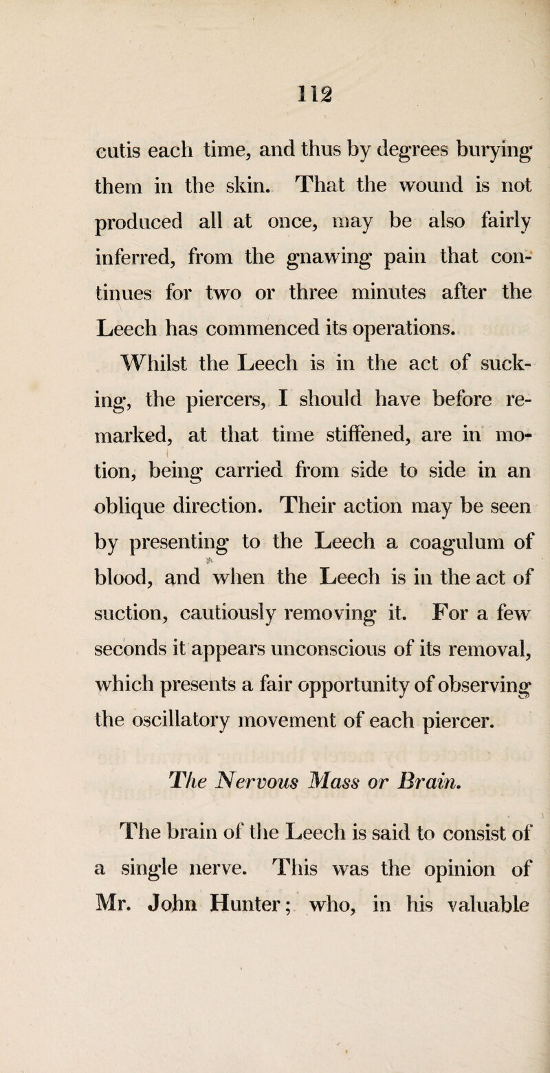 eutis each time, and thus by degrees buiying them in the skin. That the wound is not produced all at once, may be also fairly inferred, from the gnawing pain that con¬ tinues for two or three minutes after the Leech has commenced its operations. Whilst the Leech is in the act of suck¬ ing, the piercers, I should have before re¬ marked, at that time stiffened, are in mo¬ tion, being carried from side to side in an oblique direction. Their action may be seen by presenting to the Leech a coagulum of blood, and when the Leech is in the act of suction, cautiously removing it. For a fevr seconds it appears unconscious of its removal, which presents a fair opportunity of observing the oscillatory movement of each piercer. T/ie Nervous Mass or Brain. The brain of the Leech is said to consist of a single nerve. This was the opinion of Mr. John Hunter; who, in his valuable