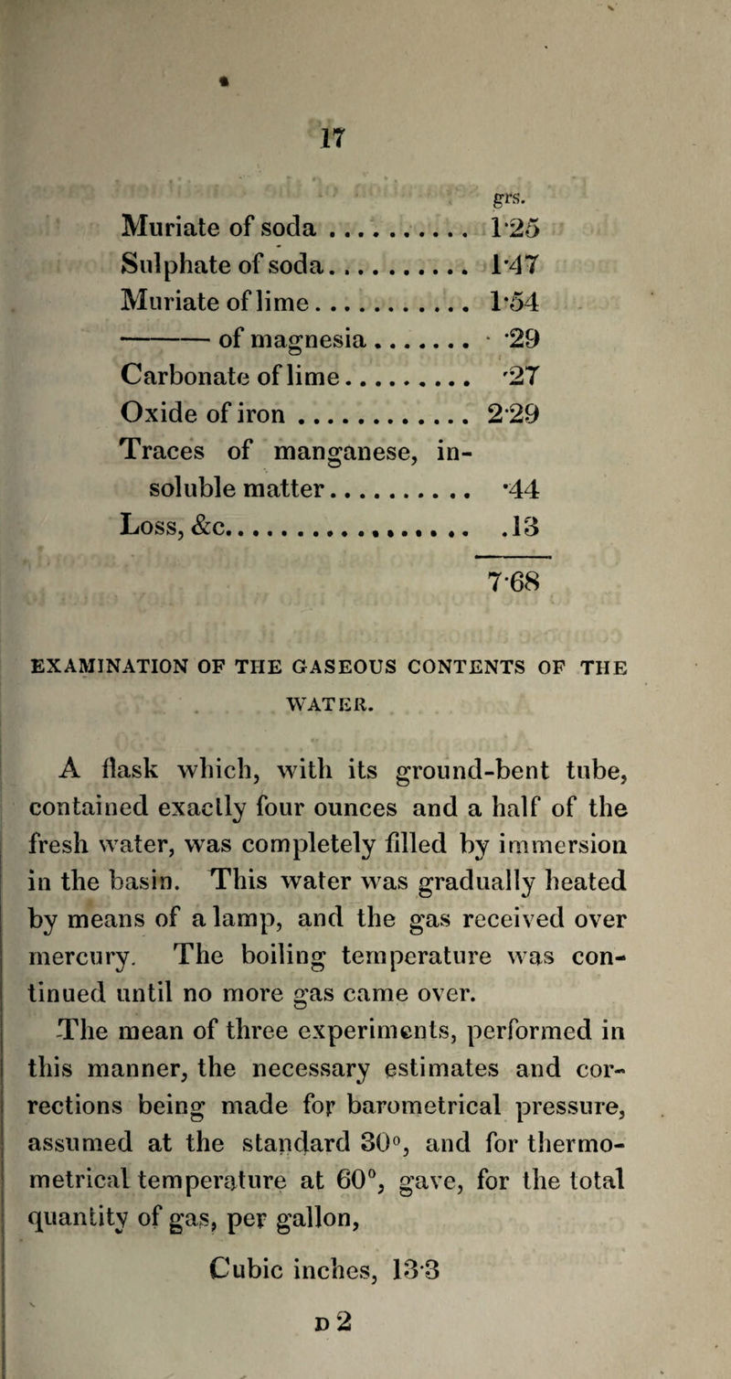 grs. Muriate of soda. 1*25 Sulphate of soda. 1*47 Muriate of lime. 1*54 -of magnesia.* *29 Carbonate of lime. r27 Oxide of iron. 2*29 Traces of manganese, in¬ soluble matter. *44 Loss, &c. .13 7*68 EXAMINATION OF THE GASEOUS CONTENTS OF THE WATER. A flask which, with its ground-bent tube, contained exactly four ounces and a half of the fresh water, was completely filled by immersion in the basin. This water was gradually heated by means of a lamp, and the gas received over mercury. The boiling temperature was con¬ tinued until no more gas came over. The mean of three experiments, performed in this manner, the necessary estimates and cor¬ rections being made for barometrical pressure, assumed at the standard 30°, and for thermo- metrical temperature at 60°, gave, for the total quantity of gas, per gallon, Cubic inches, 13*3 d 2