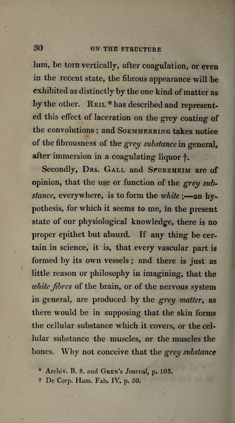 lum, be torn vertically, after coagulation, or even in the recent state, the fibrous appearance will be exhibited as distinctly by the one kind of matter as by the other. Reil * has described and represent¬ ed this effect of laceration on the grey coating of the convolutions ; and Soemmerring takes notice of the fibrousness of the grey substance in general* after immersion in a coagulating liquor f. Secondly, Drs. Gall and Sfurzheim are of opinion, that the use or function of the grey sub¬ stance, everywhere, is to form the white ;—an hy¬ pothesis, for which it seems to me, in the present state of our physiological knowledge, there is no proper epithet but absurd. If any thing be cer¬ tain in science, it is, that every vascular part is formed by its own vessels; and there is just as little reason or philosophy in imagining, that the white fibres of the brain, or of the nervous system in general, are produced by the grey matter, as there would be in supposing that the skin forms the cellular substance which it covers, or the cel- lular substance the muscles, or the muscles the bones. Why not conceive that the grey substance * * Archiv. B. 8. and Gren’s Journal, p. 105, + De Corp. Hum. Fab, IV, p. 50.