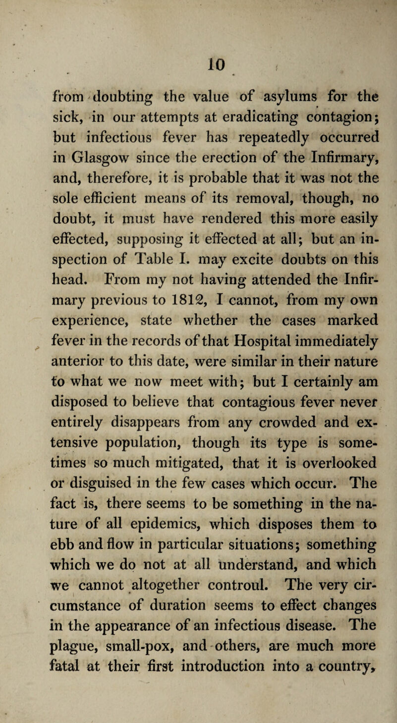 from ■ doubting the value of asylums for the 9 sick, in our attempts at eradicating contagion; but infectious fever has repeatedly occurred in Glasgow since the erection of the Infirmary, and, therefore, it is probable that it was not the sole efficient means of its removal, though, no doubt, it must have rendered this more easily effected, supposing it effected at all; but an in¬ spection of Table I. may excite doubts on this head. From my not having attended the Infir¬ mary previous to 1812, I cannot, from my own experience, state whether the cases marked fever in the records of that Hospital immediately anterior to this date, were similar in their nature to what we now meet with; but I certainly am disposed to believe that contagious fever never entirely disappears from any crowded and ex¬ tensive population, though its type is some¬ times so much mitigated, that it is overlooked or disguised in the few cases which occur. The fact is, there seems to be something in the na¬ ture of all epidemics, which disposes them to ebb and flow in particular situations; something which we do not at all understand, and which we cannot altogether controul. The very cir¬ cumstance of duration seems to effect changes in the appearance of an infectious disease. The plague, small-pox, and others, are much more fatal at their first introduction into a country.