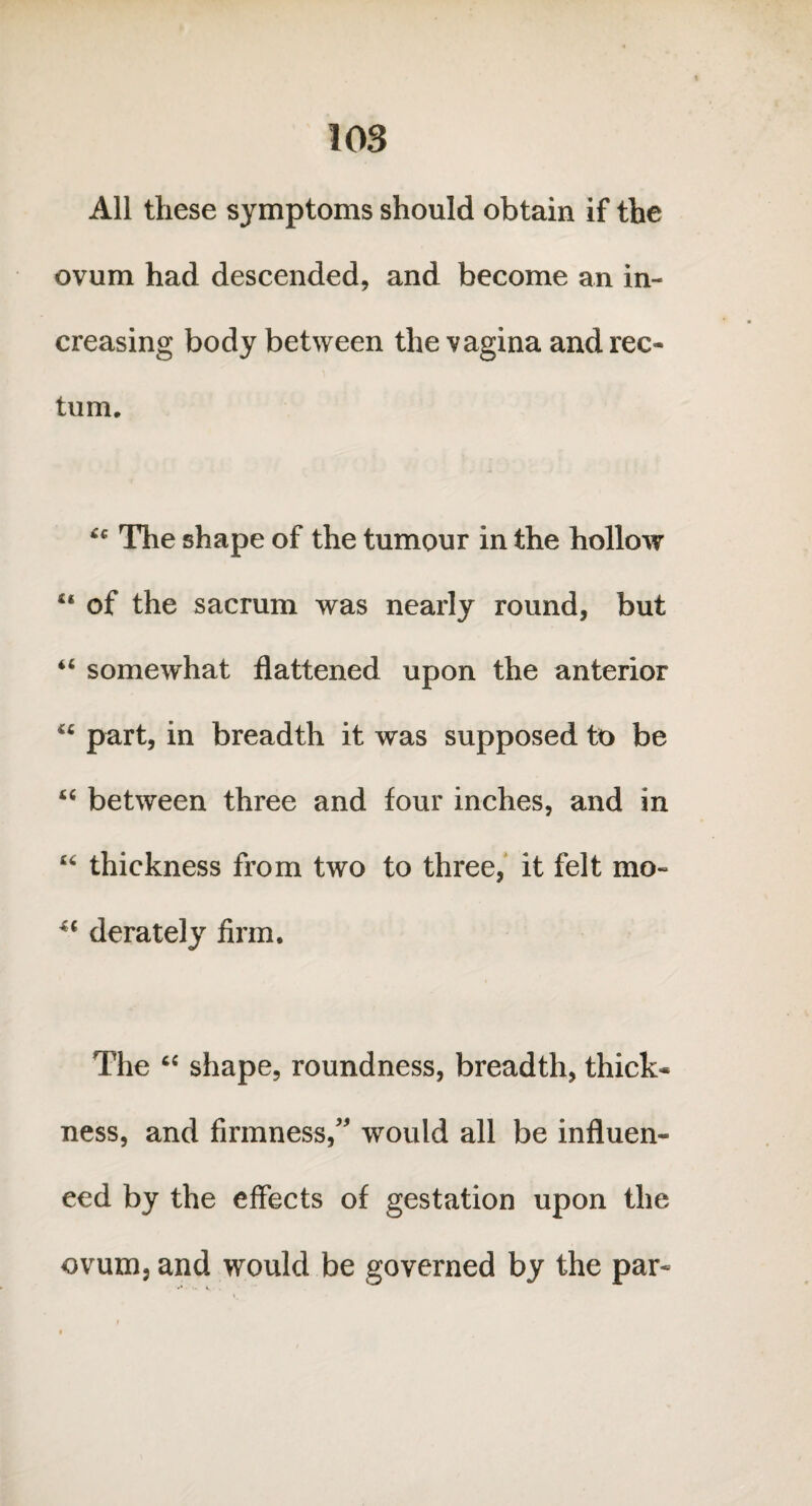 All these symptoms should obtain if the ovum had descended, and become an in¬ creasing body between the vagina and rec¬ tum. The shape of the tumour in the hollow u of the sacrum was nearly round, but “ somewhat flattened upon the anterior u part, in breadth it was supposed to be “ between three and four inches, and in “ thickness from two to three, it felt mo- derately firm. The “ shape, roundness, breadth, thick* ness, and firmness,” would all be influen¬ ced by the effects of gestation upon the ovum, and would be governed by the par-
