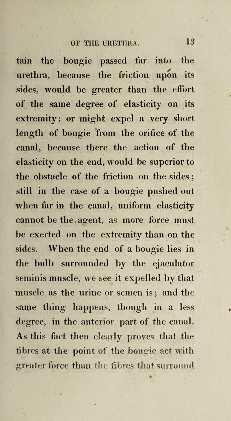 tain tlie bougie passed far into the urethra, because the friction upon its sides, would be greater than the effort of the same degree of elasticity on its extremity; or might expel a very short length of bougie from the orifice of the canal, because there the action of the elasticity on the end, would be superior to the obstacle of the friction on the sides; still in the case of a bougie pushed out when far in the canal, uniform elasticity cannot be the,agent, as more force must be exerted on the extremity than on the sides. When the end of a bougie lies in the bulb surrounded by the ejaculator seminis muscle, we see it expelled by that muscle as the urine or semen is; and the i same thing happens, though in a less degree, in the anterior part of the canal. As this fact then clearly proves that the fibres at the point of the bougie act with greater force than the fibres that surround