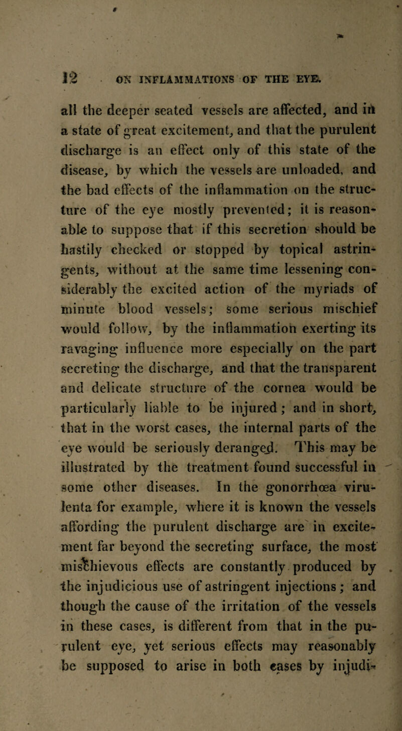 all the deeper seated vessels are affected, and irt a state of great excitement, and that the purulent discharge is an effect only of this state of the disease, by which the vessels are unloaded, and the bad effects of the inflammation on the struc¬ ture of the eye mostly prevented; it is reason¬ able to suppose that if this secretion should be hastily checked or stopped by topical astrin¬ gents, without at the same time lessening con¬ siderably the excited action of the myriads of minute blood vessels; some serious mischief would follow, by the inflammation exerting its ravaging influence more especially on the part secreting the discharge, and that the transparent and delicate structure of the cornea would be particularly liable to be injured; and in short, that in the worst cases, the internal parts of the eye would be seriously deranged. This may be illustrated by the treatment found successful in some other diseases. In the gonorrhoea viru- lenta for example, where it is known the vessels affording the purulent discharge are in excite¬ ment far beyond the secreting surface, the most mischievous effects are constantly produced by the injudicious use of astringent injections; and though the cause of the irritation of the vessels in these cases, is different from that in the pu¬ rulent eye, yet serious effects may reasonably be supposed to arise in both cases by injudi-