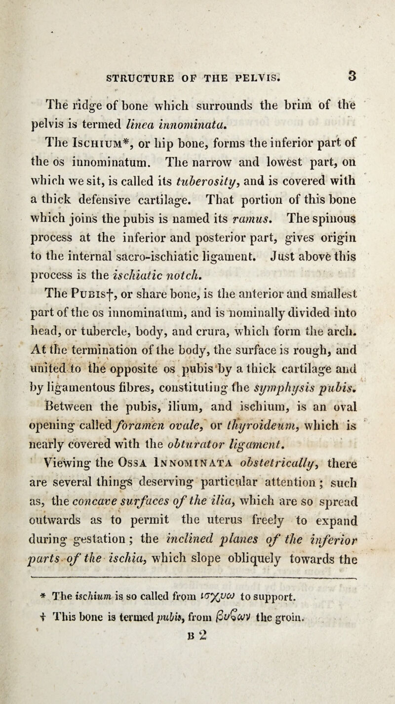 The ridge of bone which surrounds the brim of the pelvis is termed linea innominata, The Ischium*, or hip bone, forms the inferior part of the os innominatum. The narrow and lowest part, on which we sit, is called its tuberosity, and is covered with a thick defensive cartilage. That portion of this bone which joins the pubis is named its ramus. The spinous process at the inferior and posterior part, gives origin to the internal sacro-ischiatic ligament. Just above this process is the ischiatic notch. The Pubisj*, or share bone, is the anterior and smallest part of the os innominatum, and is nominally divided into head, or tubercle, body, and crura, which form the arch. At the termination of the body , the surface is rough, and united to the opposite os pubis by a thick cartilage and by ligamentous fibres, constituting the symphysis pubis. Between the pubis, ilium, and ischium, is an oval opening called foramen ovale, or thyroideum, which is nearly covered with the obturator ligament. Viewing the Ossa Innominata obstetrically, there are several things deserving particular attention; such as, the concave surfaces of the ilia, which are so spread outwards as to permit the uterus freely to expand during gestation; the inclined planes of the inferior parts of the iscliia, which slope obliquely towards the * The ischium is so called from to support, i This bone is termed pubis, from the groin. B 2