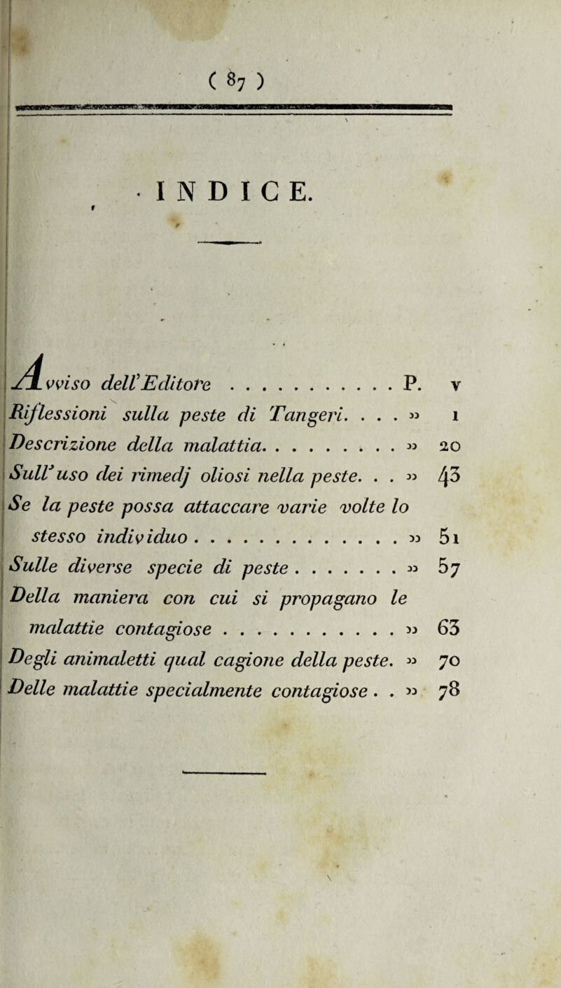 INDICE. idtvviso dell Editore.P. v Riflessioni sulla peste di Tungevi. . . . *> 1 Descrizione della malattia.» 20 Sull* uso dei rimedj oliosi nella peste. . . » 43 Se la peste possa attaccare varie volte lo stesso individuo.» 5i Sulle diverse specie di peste . ... , . . . 33 57 Della maniera con cui si propagano le malattie contagiose.» 63 Degli animaletti qual cagione della peste. 33 70 Delle malattie specialmente contagiose. . 78