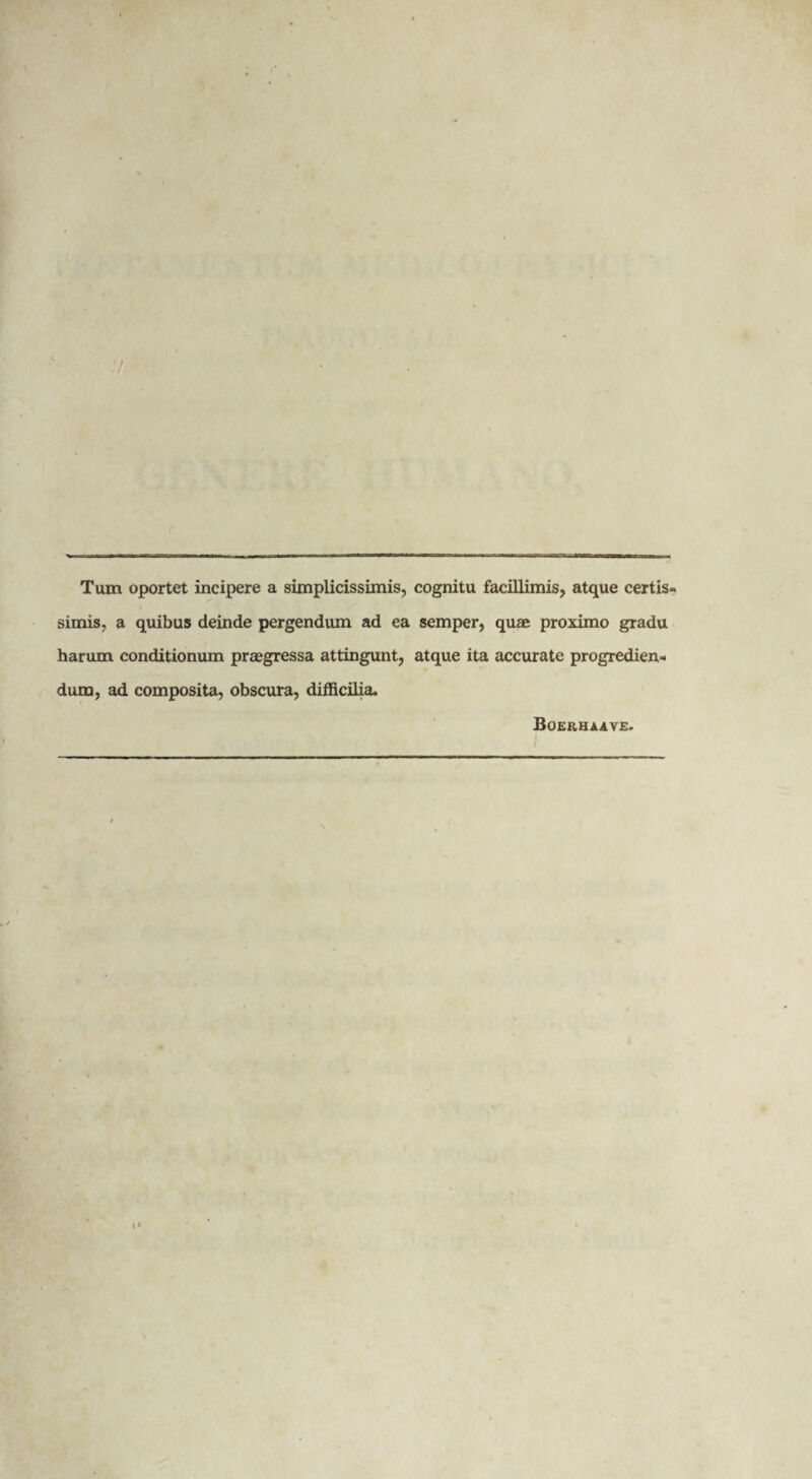 / Tum oportet incipere a simplicissimis, cognitu facillimis, atque certis¬ simis, a quibus deinde pergendum ad ea semper, quae proximo gradu harum conditionum praegressa attingunt, atque ita accurate progredien¬ dum, ad composita, obscura, difficilia. Boerhaave.