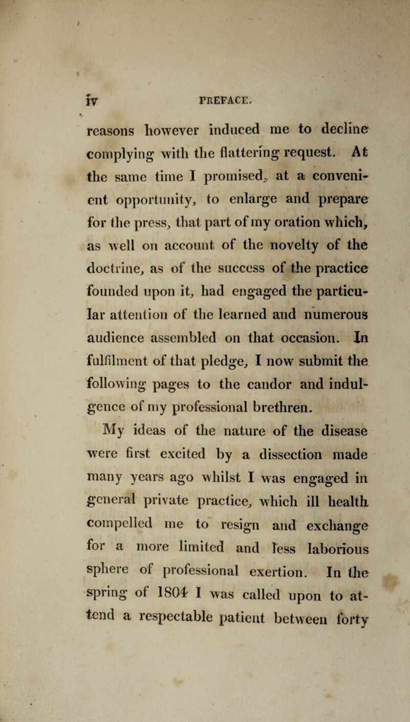 * reasons however induced me to decline complying with the flattering request. At the same time I promised,, at a conveni¬ ent opportunity, to enlarge and prepare for the press, that part of my oration which, as well on account of the novelty of the doctrine, as of the success of the practice founded upon it, had engaged the particu¬ lar attention of the learned and numerous audience assembled on that occasion. In fulfilment of that pledge, I now' submit the following pages to the candor and indul¬ gence of my professional brethren. My ideas of the nature of the disease were first excited by a dissection made many years ago whilst I was engaged in general private practice, which ill health compelled me to resign and exchange for a more limited and less laborious sphere of professional exertion. In the spring of 1804 I was called upon to at¬ tend a respectable patient between forty