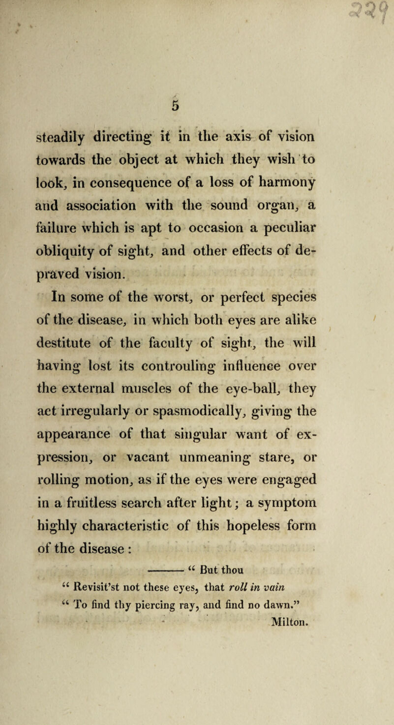 steadily directing it in the axis of vision towards the object at which they wish to look, in consequence of a loss of harmony and association with the sound organ, a failure which is apt to occasion a peculiar obliquity of sight, and other effects of de¬ praved vision. In some of the worst, or perfect species of the disease, in which both eyes are alike destitute of the faculty of sight, the will having lost its controuling influence over the external muscles of the eye-ball, they act irregularly or spasmodically, giving the appearance of that singular want of ex¬ pression, or vacant unmeaning stare, or rolling motion, as if the eyes were engaged in a fruitless search after light; a symptom highly characteristic of this hopeless form of the disease: -u But thou u Revisit’st not these eyes, that roll in vain u To find thy piercing ray, and find no dawn.” Milton.