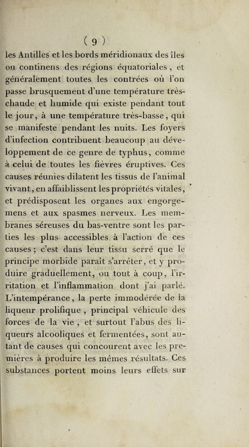 les Antilles et les bords méridionaux des îles ou continens des régions équatoriales , et généralement toutes les contrées où l’on passe brusquement d’une température très- chaude et humide qui existe pendant tout le jour, à une température très-basse, qui se manifeste pendant les nuits. Les foyers d’infection contribuent beaucoup au déve¬ loppement de ce genre de typhus, comme à celui de toutes les fièvres éruptives. Ces causes réunies dilatent les tissus de l’animal vivant, en affaiblissent les propriétés vitales, et prédisposent les organes aux engorge- mens et aux spasmes nerveux. Les mem¬ branes séreuses du bas-ventre sont les par¬ ties les plus accessibles à Faction de ces causes ; c’est dans leur tissu serré que le principe morbide paraît s’arrêter, et y pro¬ duire graduellement, ou tout à coup, l’ir¬ ritation et l’inflammation dont j’ai parlé. L’intempérance, la perte immodérée de la liqueur prolifique , principal véhicule des forces de la vie , et surtout l’abus des li¬ queurs alcooliques et fermentées, sont au¬ tant de causes qui concourent avec les pre¬ mières à produire les mêmes résultats. Ces substances portent moins leurs effets sur