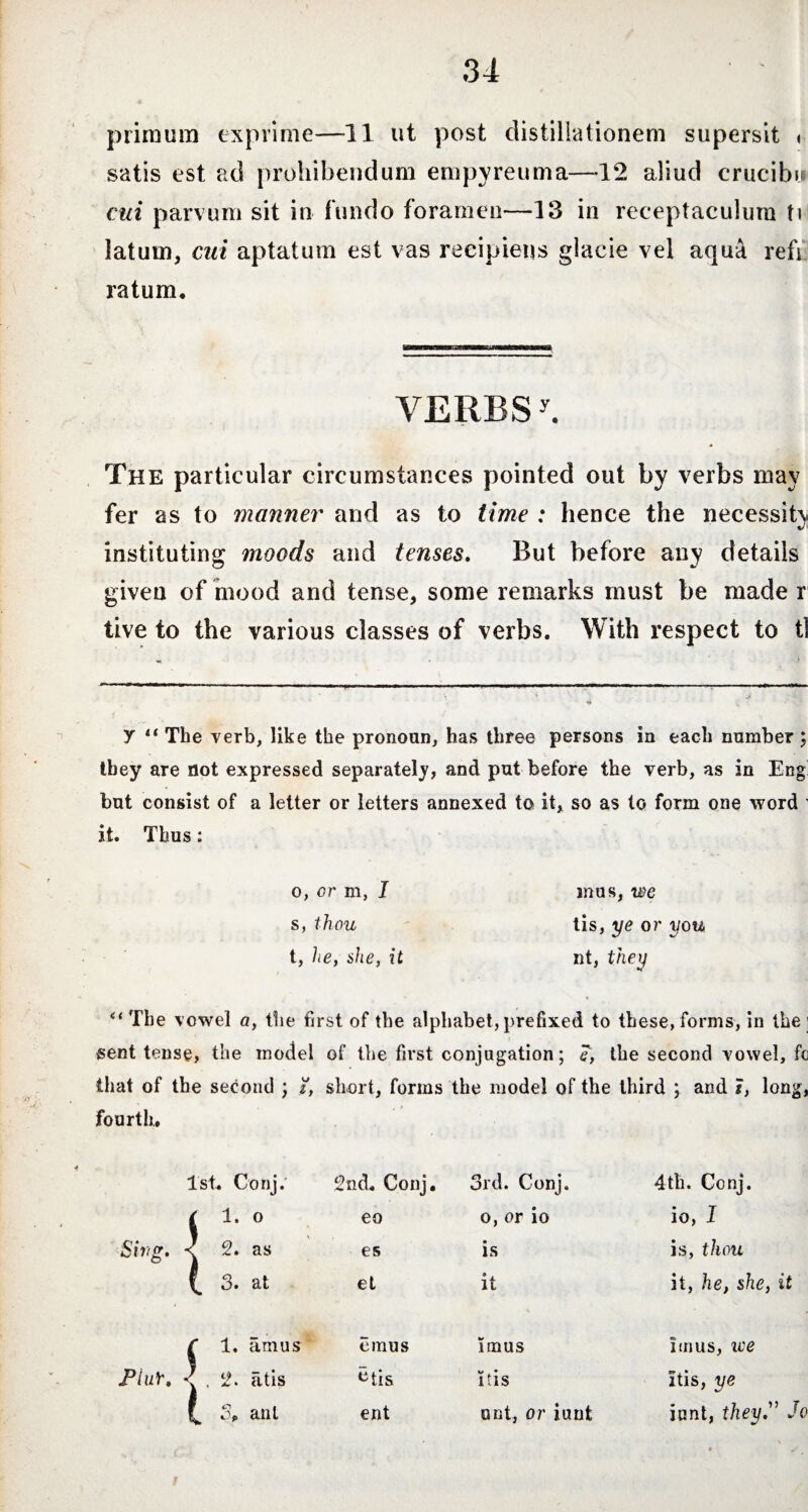 primum exprime—11 ut post distillationem supersit « satis est ad prohibendum empyreuma—12 aliud crucibi» cui parvum sit in fundo foramen—13 in receptaculum ti latum, cui aptatum est vas recipiens glacie vel aqua refr ratum. VERBSy. The particular circumstances pointed out by verbs may fer as to manner and as to time : hence the necessity instituting moods and tenses. But before any details given of mood and tense, some remarks must be made r live to the various classes of verbs. With respect to tl y “ The verb, like the pronoun, has three persons in each number; they are not expressed separately, and put before the verb, as in Eng but consist of a letter or letters annexed to it, so as to form one word ' it. Thus: o, or m, I mas, we s, thou tis, ye or you. t, he, she, it nt, they “‘The vowel a, the first of the alphabet, prefixed to these, forms, in the’ sent tense, the model of the first conjugation; e, the second vowel, fc that of the second ; i, short, forms the model of the third ; and t, long, fourth. 1s t. Conj. 2nd. Conj. 3rd. Conj. 4th. Conj. t 1. 0 eo o, or io io, I Sirig. < 2. as es is is, thou 3. at et it it, he, she, it C 1. amus emus imus Imus, ice Plut. < , 2. atis *his i tis itis, ye £ SP ant ent out, or iunt iunt, they.” Jo