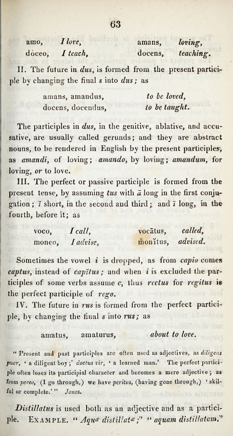 amo, I love, doceo, I teach. amans, loving, docens, teaching. II. The future in dus, is formed from the present partici pie by changing the final s into dus; as amans, amandus, to be loved, docens, docendus, to be taught* The participles in dus, in the genitive, ablative, and accu¬ sative, are usually called gerunds; and they are abstract nouns, to be rendered in English by the present participles, as amandi, of loving; amando, by loving; amandum, for loving, or to love. III. The perfect or passive participle is formed from the present tense, by assuming tus with a long in the first conju¬ gation ; i short, in the second and third; and I long, in the fourth, before it; as voco, I call, vocatus, called, moneo, I advise, monitus, advised. Sometimes the vowel i is dropped, as from capio comes captus, instead of capztus ; and when i is excluded the par¬ ticiples of some verbs assume c, thus rectus for regitus is the perfect participle of rego. IV. The future in rus is formed from the perfect partici¬ ple, by changing the final s into rus; as amatus, amaturus, about to love. “ Present and past participles are often used as adjectives, as diligens puer, * a diligent boy doctus vir, 4 a learned man/ The perfect partici¬ ple often loses its participial character and becomes a mere adjective; as from pereo, (I go through,) we have peritus, (having gone through,) ‘ skil¬ ful or complete.’ ” Jones. Distillatus is used both as an adjective and as a partici¬ ple. Example. “ Aqu& distillate“ aquam distil latam,'*