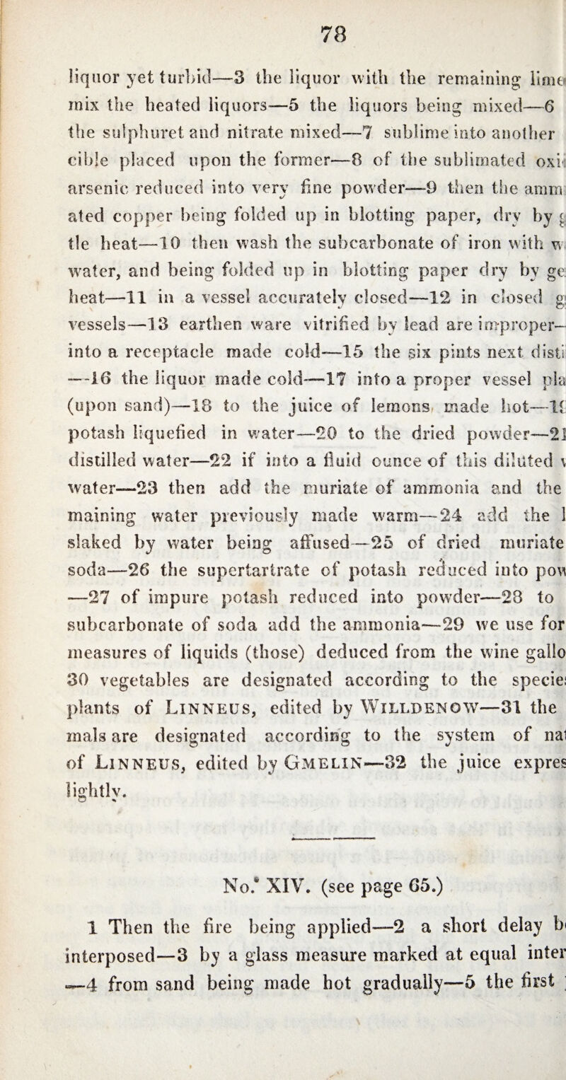 liquor yet turbid—3 the liquor with the remaining limei mix the heated liquors—5 the liquors being mixed—6 the sulphurei and nitrate mixed—7 sublime into another cible placed upon the former—8 of the sublimated oxh arsenic reduced into very fine powder—9 then the amm ated copper being folded up in blotting paper, dry by < tie heat—-10 then wash the subcarbonate of iron with w water, and being folded up in blotting paper dry by ge: heat—11 in a vessel accurately closed—12 in dosed gi vessels—13 earthen ware vitrified by lead are improper— into a receptacle made cold—15 the six pints next disti —-16 the liquor made cold-—17 into a proper vessel pla (upon sand)—18 to the juice of lemons made hot—It potash liquefied in water—20 to the dried powder—21 distilled water—22 if into a fluid ounce of this diluted \ water—23 then add the muriate of ammonia and the maining water previously made warm— 24 add the 1 slaked by water being affused—25 of dried muriate soda—26 the supertartrate of potash reduced into povi —27 of impure potash reduced into powder—28 to subcarbonate of soda add the ammonia—29 we use for measures of liquids (those) deduced from the wine gallo 30 vegetables are designated according to the specie; plants of Linneus, edited by Willdenow—31 the inals are designated according to the system of nai of Linneus, edited by Gmelin—32 the juice express lightlv. No.* XIV. (see page G5.) 1 Then the fire being applied—2 a short delay b' interposed—3 by a glass measure marked at equal inter —4 from sand being made hot gradually—5 the first