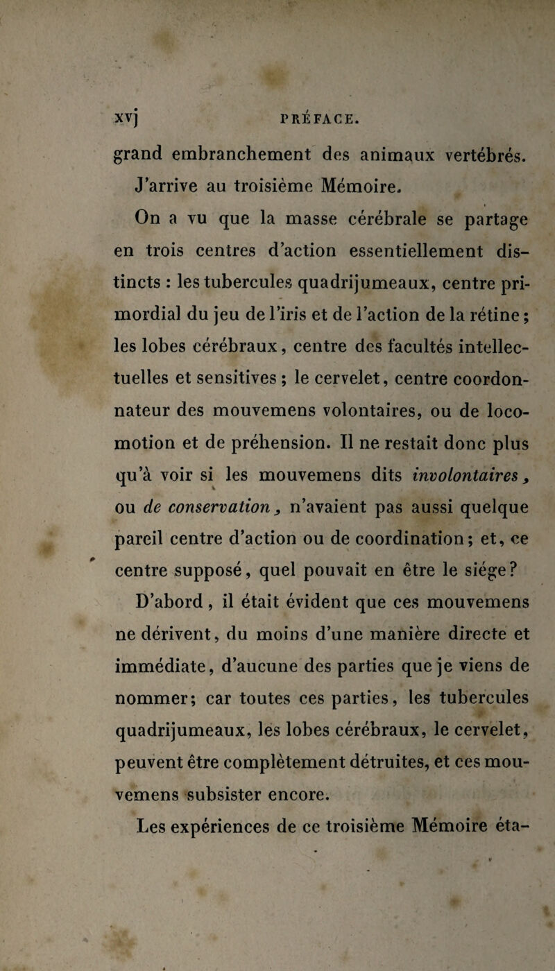 . f XV) PRÉFACE. grand embranchement des animaux vertébrés. J’arrive au troisième Mémoire. On a vu que la masse cérébrale se partage en trois centres d’action essentiellement dis¬ tincts : les tubercules quadrijumeaux, centre pri¬ mordial du jeu de l’iris et de l’action de la rétine ; les lobes cérébraux, centre des facultés intellec¬ tuelles et sensitives ; le cervelet, centre coordon¬ nateur des mouvemens volontaires, ou de loco¬ motion et de préhension. Il ne restait donc plus qu’à voir si les mouvemens dits involontaires , ou de conservation j, n’avaient pas aussi quelque pareil centre d’action ou de coordination; et, ce centre supposé, quel pouvait en être le siège? D’abord, il était évident que ces mouvemens ne dérivent, du moins d’une manière directe et immédiate, d’aucune des parties que je viens de nommer; car toutes ces parties, les tubercules quadrijumeaux, les lobes cérébraux, le cervelet, peuvent être complètement détruites, et ces mou¬ vemens subsister encore. Les expériences de ce troisième Mémoire éta-