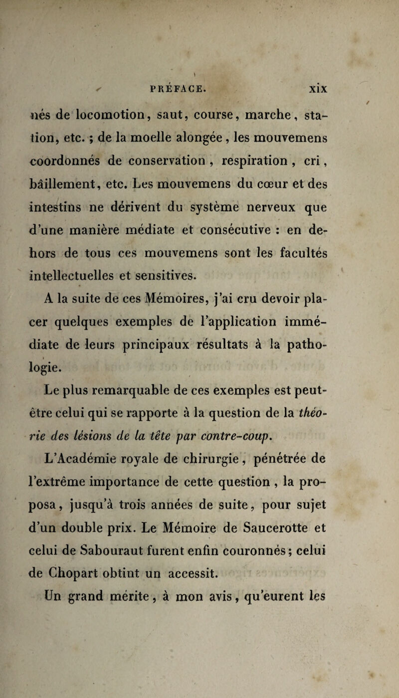 nés de locomotion, saut, course, marche, sta¬ tion, etc. ; de la moelle alongée , les mouvemens coordonnés de conservation , respiration , cri, bâillement, etc. Les mouvemens du cœur et des intestins ne dérivent du système nerveux que d’une manière médiate et consécutive : en de¬ hors de tous ces mouvemens sont les facultés intellectuelles et sensitives. A la suite de ces Mémoires, j’ai cru devoir pla¬ cer quelques exemples de l’application immé¬ diate de leurs principaux résultats à la patho- i logie. Le plus remarquable de ces exemples est peut- être celui qui se rapporte à la question de la théo¬ rie des lésions de la tête par contre-coup. L’Académie royale de chirurgie, pénétrée de l’extrême importance de cette question , la pro¬ posa, jusqu’à trois années de suite, pour sujet d’un double prix. Le Mémoire de Saucerotte et celui de Sabouraut furent enfin couronnés; celui de Chopart obtint un accessit. Un grand mérite, à mon avis, qu’eurent les