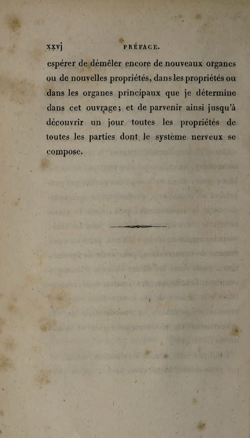 espérer de démêler encore de nouveaux organes ou de nouvelles propriétés, dans les propriétés ou dans les organes principaux que je détermine i ' dans cet ouvrage; et de parvenir ainsi jusqu a découvrir un jour toutes les propriétés de toutes les parties dont Je système nerveux se compose.