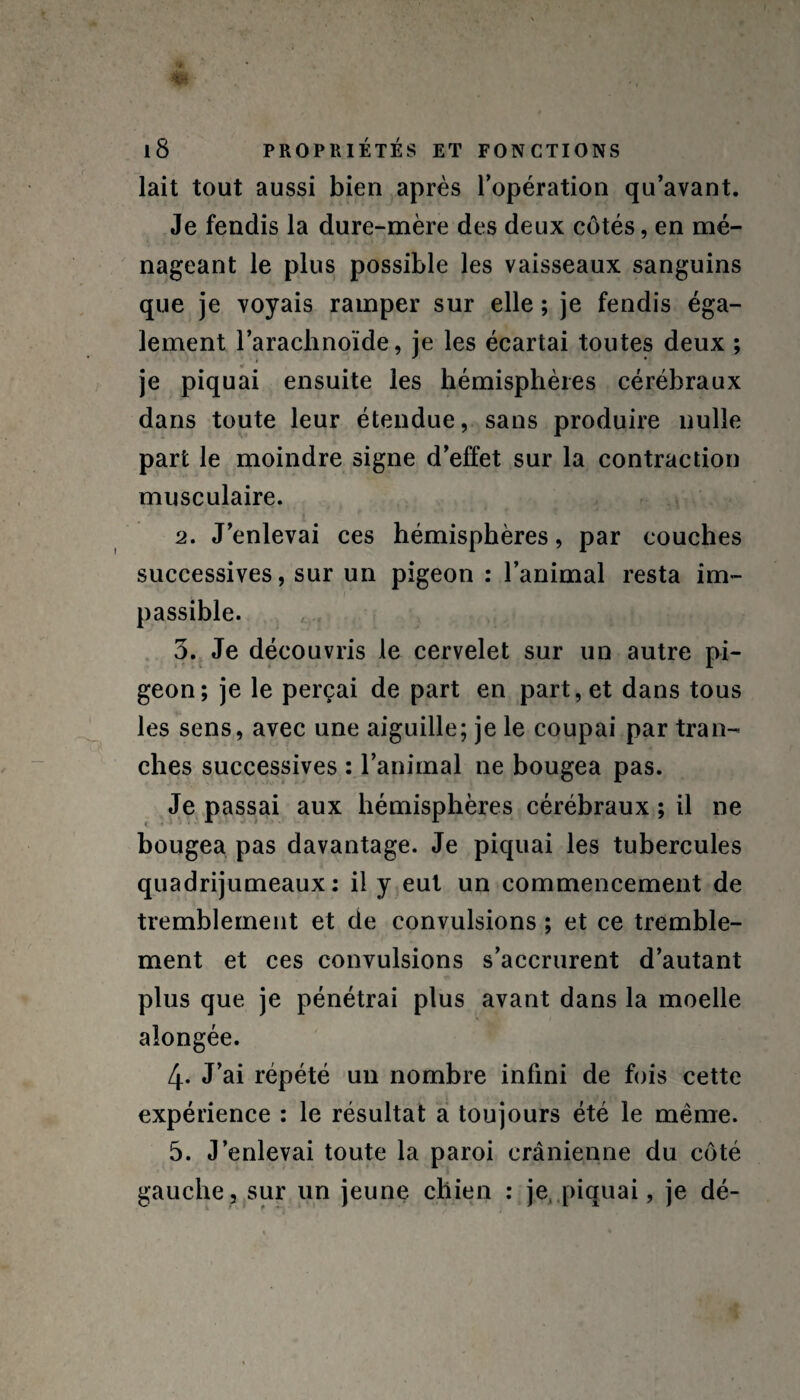 lait tout aussi bien après l’opération qu’avant. Je fendis la dure-mère des deux côtés, en mé¬ nageant le plus possible les vaisseaux sanguins que je voyais ramper sur elle ; je fendis éga¬ lement l’arachnoïde, je les écartai toutes deux ; je piquai ensuite les hémisphères cérébraux dans toute leur étendue, sans produire nulle part le moindre signe d’effet sur la contraction musculaire. 2. J’enlevai ces hémisphères, par couches successives, sur un pigeon : l’animal resta im¬ passible. 3. Je découvris le cervelet sur un autre pi¬ geon; je le perçai de part en part, et dans tous les sens, avec une aiguille; je le coupai par tran¬ ches successives : l’animal ne bougea pas. Je passai aux hémisphères cérébraux ; il ne bougea pas davantage. Je piquai les tubercules quadrijumeaux: il y eut un commencement de tremblement et de convulsions ; et ce tremble¬ ment et ces convulsions s’accrurent d’autant plus que je pénétrai plus avant dans la moelle aîongée. 4- J’ai répété un nombre infini de fois cette expérience : le résultat a toujours été le même. 5. J’enlevai toute la paroi crânienne du côté gauche, sur un jeune chien : je piquai, je dé-