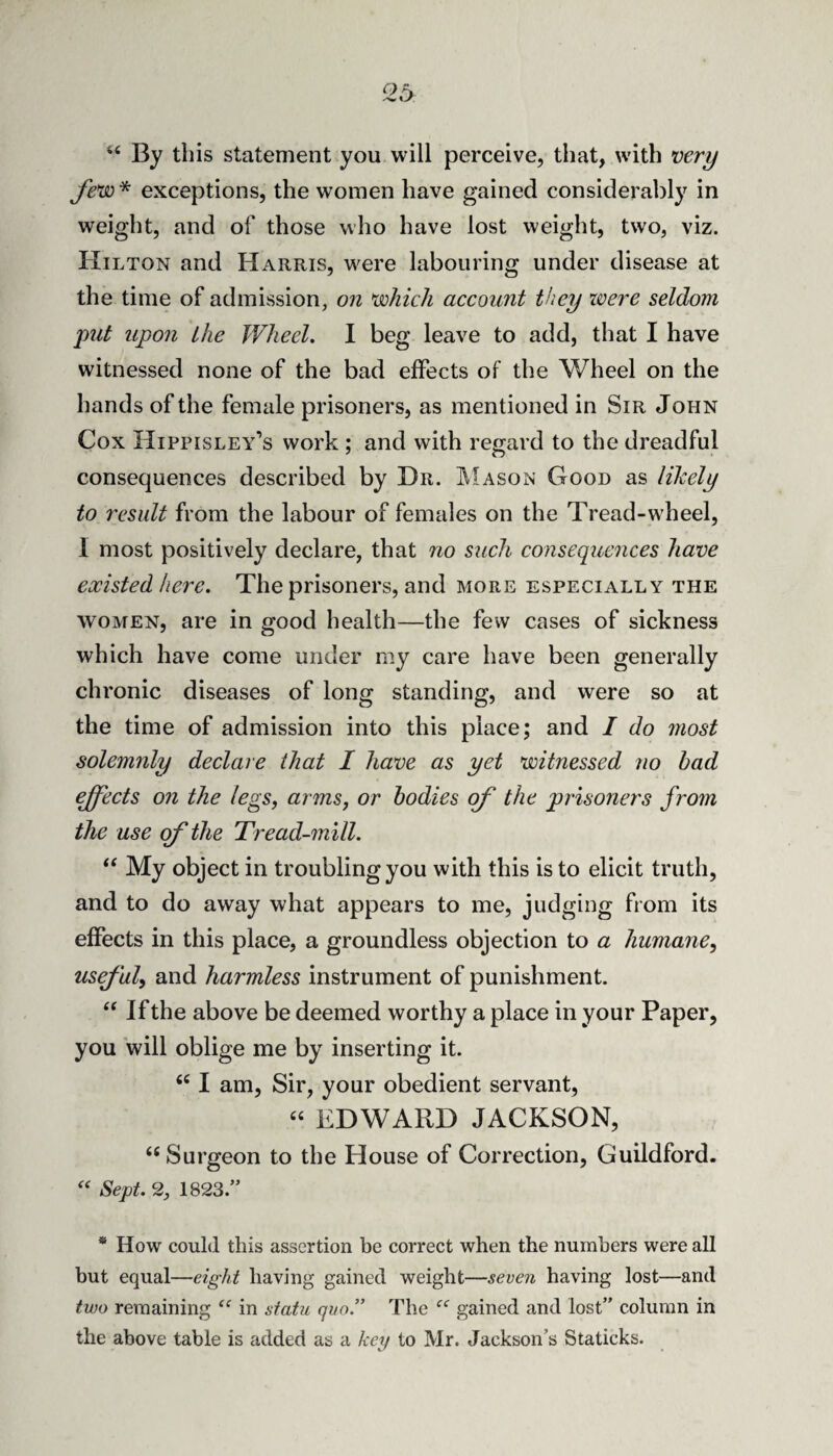 ‘‘ By this statement you will perceive, that, with very fevo * exceptions, the women have gained considerably in weight, and of those who have lost weight, two, viz. riiL TON and Harris, w^ere labouring under disease at the time of admission, on which account they xvere seldom j)Ut upon the Wheel. I beg leave to add, that I have witnessed none of the bad effects of the Wheel on the hands of the female prisoners, as mentioned in Sir John Cox Hippisley's work ; and with regard to the dreadful consequences described by Dr. ]\Iason Goon as lilcely to result from the labour of females on the Tread-wheel, I most positively declare, that no such consequences have existed here. The prisoners, and more especially the WOMEN, are in good health—the few cases of sickness which have come under my care have been generally chronic diseases of long standing, and were so at the time of admission into this place; and / do xnost solemnly declare that I have as yet witnessed no bad effects on the legs, arms, or bodies of the prisoners from the use of the Tread-mill. “ My object in troubling you with this is to elicit truth, and to do away what appears to me, judging from its effects in this place, a groundless objection to a humane, useful, and harmless instrument of punishment. If the above be deemed worthy a place in your Paper, you will oblige me by inserting it. I am. Sir, your obedient servant, EDWARD JACKSON, “ Surgeon to the House of Correction, Guildford. Sej)t. 2, 1823.” * How could this assertion be correct when the numbers were all but equal—eight having gained weight—seven having lost—and two remaining in statu quo” The gained and lost” column in the above table is added as a key to Mr. Jackson’s Staticks.