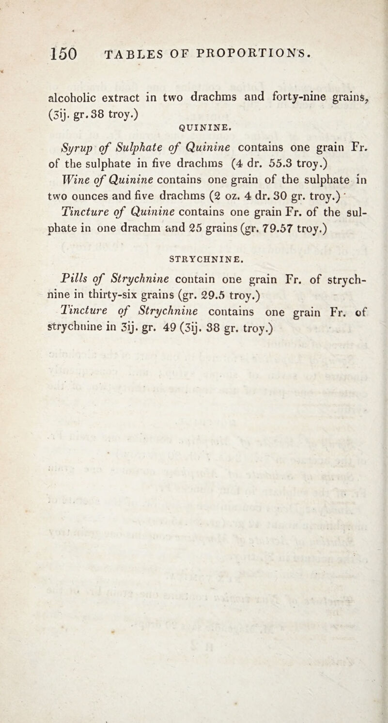 alcoholic extract in two drachms and forty-nine grain!, (3ij. gr.38 troy.) QUININE. Syrup of Sulphate of Quinine contains one grain Fr. of the sulphate in five drachms (4 dr. 55.3 troy.) Wine of Quinine contains one grain of the sulphate in two ounces and five drachms (2 oz. 4 dr. 30 gr. troy.) ' Tincture of Quinine contains one grain Fr. of the sul¬ phate in one drachm and 25 grains (gr. 79.57 troy.) STRYCHNINE. Pills of Strychnine contain one grain Fr. of strych¬ nine in thirty-six grains (gr. 29.5 troy.) Tincture of Strychnine contains one grain Fr. of strychnine in 3ij. gr. 49 (3ij. 38 gr. troy.)