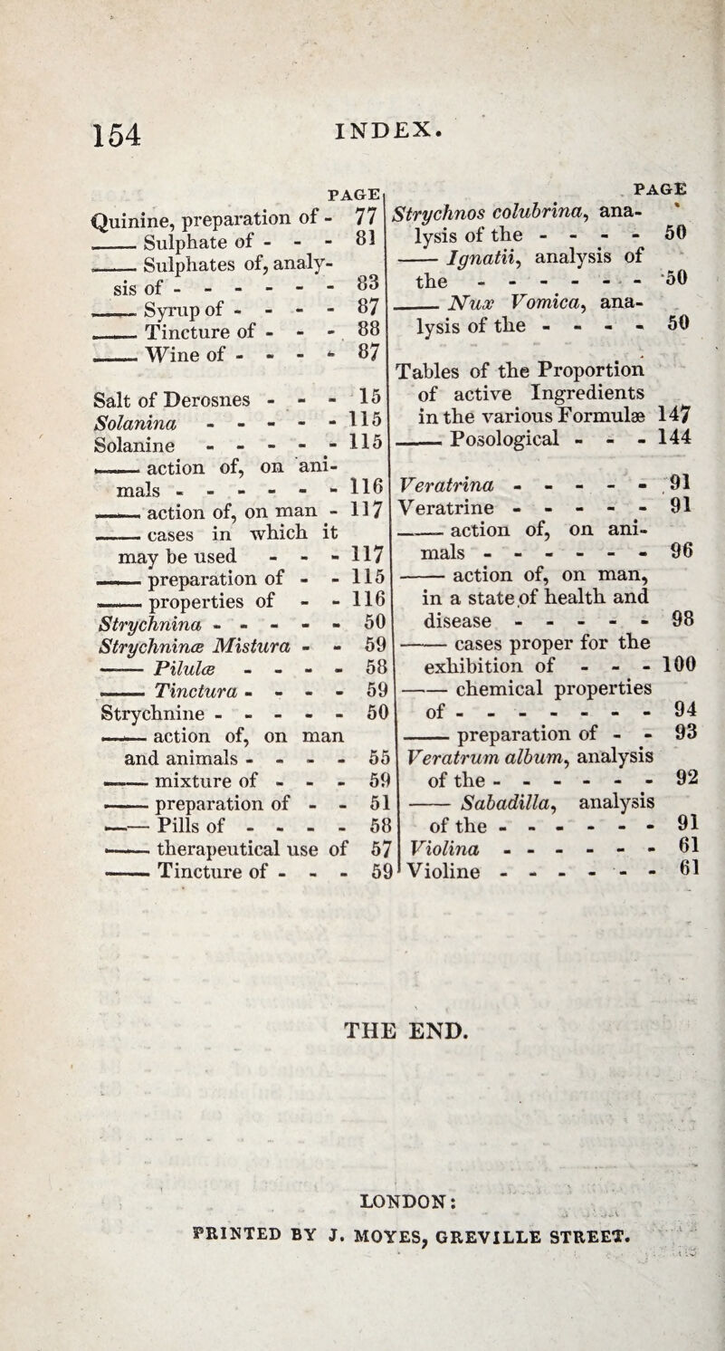 PAGEi PAGE Quinine, preparation of - 77 Strychnos colubrina, ana- _ Sulphate of - - - 81 lysis of the - - - - 50 _Sulphates of, analy- -Ignatu, analysis of sis of -.83 the.o0 __ Syrup of - - - - 87 -Nuæ Vomica, ana- _Tincture of - - - 88 lysis of the - - - - 50 --Wine of- - - * 87 , „ , „ I Tables of the Proportion Salt of Derosnes - « - 15 of active Ingredients Solanina - - - - -115 in the various Formulae 147 Solanine ----- 115 J-Posological - - - 144 action of, on ani- j mais ------ 116 Veratrina ----- 91 —— action of, on man - 117 Veratrine ----- 91 __- cases in which it ——- action of, on ani- may be used - - - 117 mais ------ 96 ——— preparation of - - 1151-action of, on man, -.. properties of - - 116 j m a state of health and Strychninu ----- 50 disease ----- 98 Strychnines Mistura - - 59-cases proper for the — Pilules - - - - 58 j exhibition of - - - 100 - _ Tinctura - - - - 59 j-chemical properties Strychnine - - - - - 501 of - -- -- -- 94 —i— action of, on man -preparation of - - 93 and animals - - - - 55 Veratrum album, analysis «— mixture of - - - 59 of the ------ 92 -■■■ preparation of - - 51 - Sabadilla, analysis -Pills of - - - - 58 of the.91 •— therapeutical use of 57 Violina ------ 61 •-Tincture of - - - 59’Violine ------ 61 THE END. LONDON: ‘ * » a 4 •- -4M PRINTED BY J. MQYES, GREVILLE STREET.