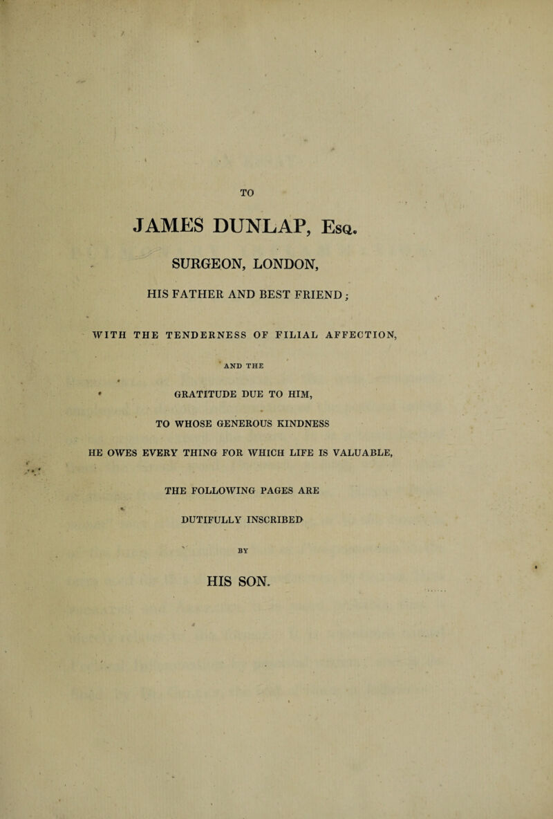 JAMES DUNLAP, Esq. SURGEON, LONDON, HIS FATHER AND BEST FRIEND; WITH THE TENDERNESS OF FILIAL AFFECTION AND THE ,# * GRATITUDE DUE TO HIM, TO WHOSE GENEROUS KINDNESS HE OWES EVERY THING FOR WHICH LIFE IS VALUABLE, THE FOLLOWING PAGES ARE DUTIFULLY INSCRIBED HIS SON