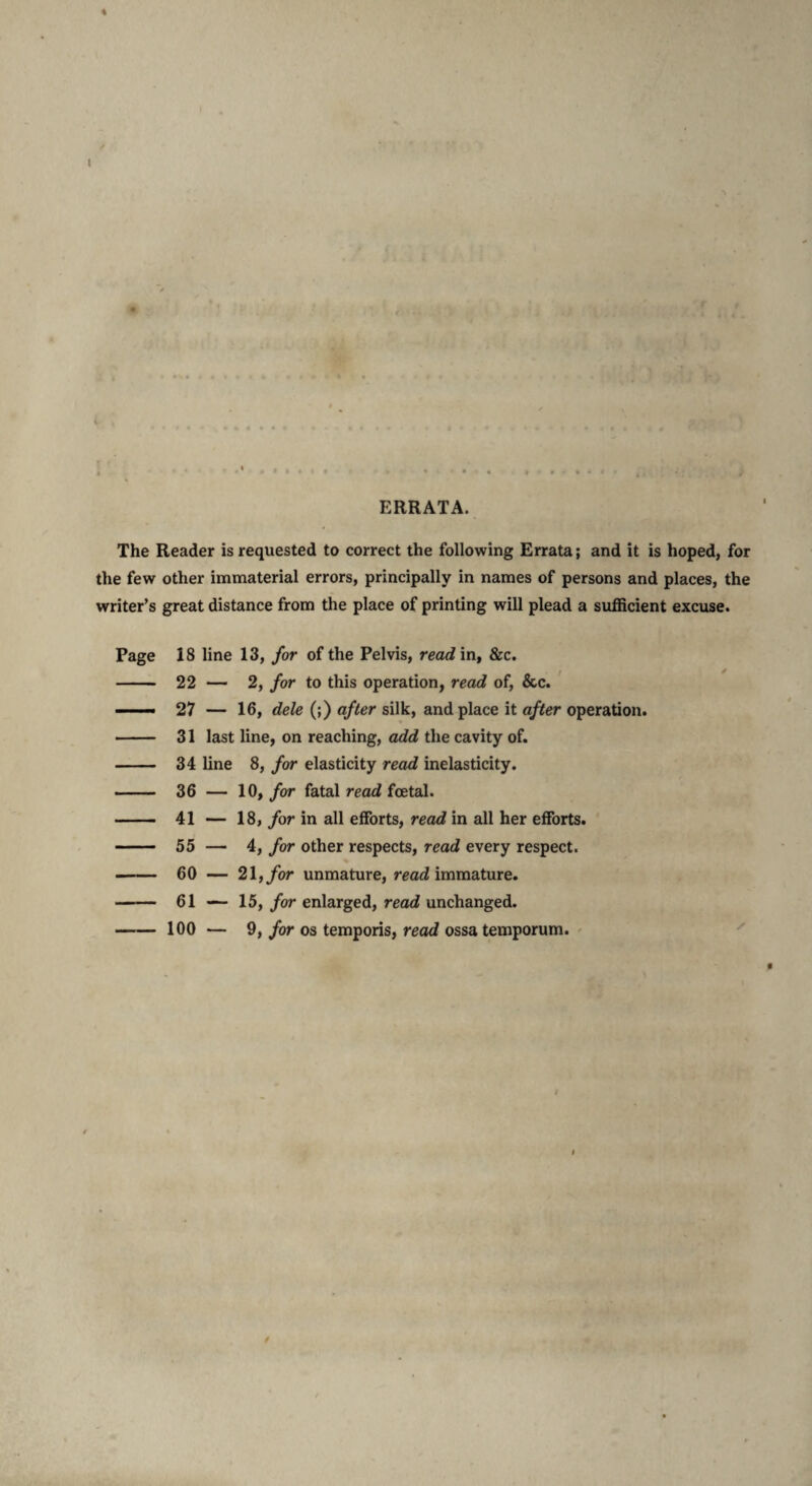 ERRATA. The Reader is requested to correct the following Errata; and it is hoped, for the few other immaterial errors, principally in names of persons and places, the writer’s great distance from the place of printing will plead a sufficient excuse. Page 18 line 13, for of the Pelvis, read in, &c. 22 — 2, for to this operation, read of, &c. 27 — 16, dele (;) after silk, and place it after operation. 31 last line, on reaching, add the cavity of. 34 line 8, for elasticity read inelasticity. 36 — 10, for fatal read foetal. 41 — 18, for in all efforts, read in all her efforts. 55 — 4, for other respects, read every respect. 60 — 21, for unmature, read immature. 61 — 15, for enlarged, read unchanged.