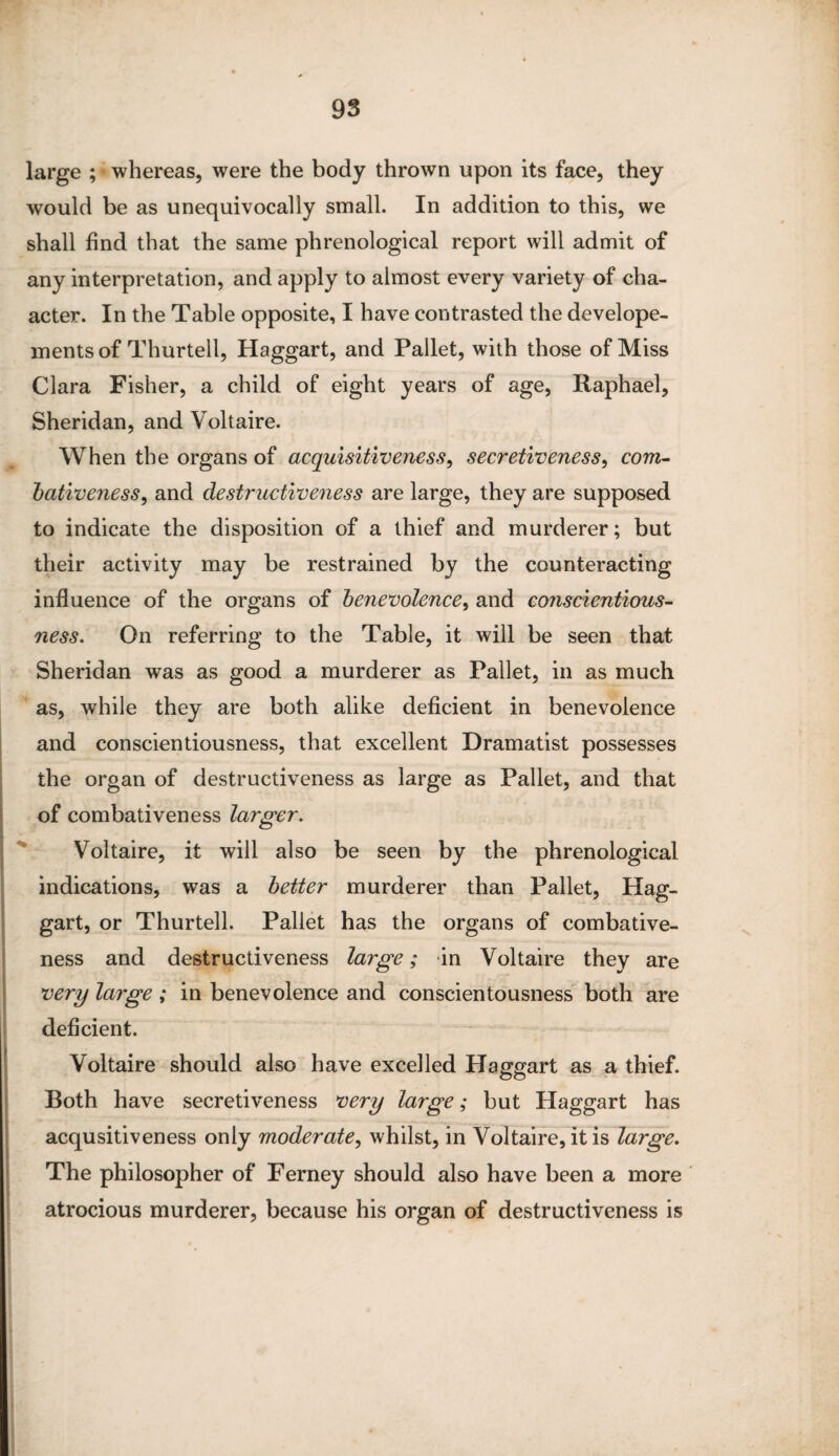 large ; • whereas, were the body thrown upon its face, they would be as unequivocally small. In addition to this, we shall find that the same phrenological report will admit of any interpretation, and apply to almost every variety of cha- acter. In the Table opposite, I have contrasted the develope- ments of Thurtell, Haggart, and Pallet, with those of Miss Clara Fisher, a child of eight years of age, Raphael, Sheridan, and Voltaire. When the organs of acquisitiveness, secretiveness, com¬ bativeness, and destructiveness are large, they are supposed to indicate the disposition of a thief and murderer; but their activity may be restrained by the counteracting influence of the organs of benevolence, and conscientious¬ ness. On referring to the Table, it will be seen that Sheridan was as good a murderer as Pallet, in as much as, while they are both alike deficient in benevolence and conscientiousness, that excellent Dramatist possesses the organ of destructiveness as large as Pallet, and that of combativeness larger. Voltaire, it will also be seen by the phrenological indications, was a better murderer than Pallet, Hag¬ gart, or Thurtell. Pallet has the organs of combative¬ ness and destructiveness large; in Voltaire they are very large ; in benevolence and conscientousness both are deficient. Voltaire should also have excelled Haggart as a thief. Both have secretiveness very large; but Haggart has acqusitiveness only moderate, whilst, in Voltaire, it is large. The philosopher of Ferney should also have been a more atrocious murderer, because his organ of destructiveness is