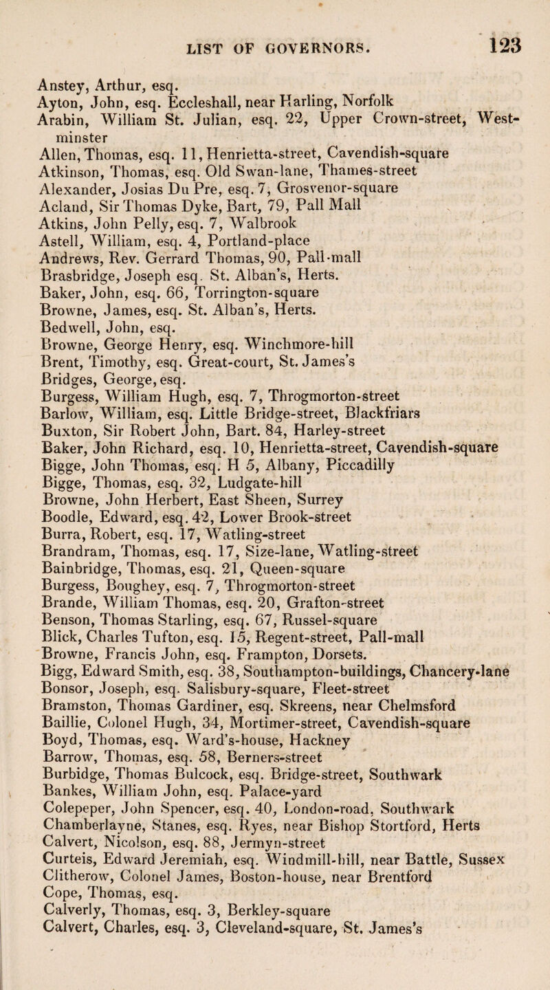 Anstey, Arthur, esq. Ayton, John, esq. Eccleshall, near Karling, Norfolk Arabin, William St. Julian, esq. 22, Upper Crown-street, West¬ minster Allen, Thomas, esq. 11, Henrietta-street, Cavendish-square Atkinson, Thomas, esq. Old Swan-lane, Thames-street Alexander, Josias Du Pre, esq. 7, Grosvenor-square Acland, Sir Thomas Dyke, Bart, 79, Pall Mall Atkins, John Pelly, esq. 7, Walbrook Astell, William, esq. 4, Portland-place Andrews, Rev. Gerrard Thomas, 90, Pall-mall Brasbridge, Joseph esq. St. Alban’s, Herts. Baker, John, esq. 66, Torrington-square Browne, James, esq. St. Alban’s, Herts. Bedwell, John, esq. Browne, George Henry, esq. Winclimore-hill Brent, Timothy, esq. Great-court, St. James’s Bridges, George, esq. Burgess, William Hugh, esq. 7, Throgmorton-street Barlow, William, esq. Little Bridge-street, Blackfriars Buxton, Sir Robert John, Bart. 84, Harley-street Baker, John Richard, esq. 10, Henrietta-street, Cavendish-square Bigge, John Thomas, esq. H 5, Albany, Piccadilly Bigge, Thomas, esq. 32, Ludgate-hill Browne, John Herbert, East Sheen, Surrey Boodle, Edward, esq. 42, Lower Brook-street Burra, Robert, esq. 17, Watling-street Brandram, Thomas, esq. 17, Size-lane, Watling-street Bainbridge, Thomas, esq. 21, Queen-square Burgess, Boughey, esq. 7, Throgmorton-street Brande, William Thomas, esq. 20, Grafton-street Benson, Thomas Starling, esq. 67, Russel-square Blick, Charles Tufton, esq. 15, Regent-street, Pall-mall Browne, Francis John, esq. Frampton, Dorsets. Bigg, Edward Smith, esq. 38, Southampton-buildings, Chancery-lane Bonsor, Joseph, esq. Salisbury-square, Fleet-street Bramston, Thomas Gardiner, esq. Skreens, near Chelmsford Baillie, Colonel Hugh, 34, Mortimer-street, Cavendish-square Boyd, Thomas, esq. Ward’s-house, Hackney Barrow, Thomas, esq. 58, Berners-street Burbidge, Thomas Bulcock, esq. Bridge-street, Southwark Bankes, William John, esq. Palace-yard Colepeper, John Spencer, esq. 40, London-road, Southwark Chamberlayne, Stanes, esq. Ryes, near Bishop Stortford, Herts Calvert, Nicolson, esq. 88, Jermyn-street Curteis, Edward Jeremiah, esq. Windmill-hill, near Battle, Sussex Clitherow, Colonel James, Boston-house, near Brentford Cope, Thomas, esq. Calverly, Thomas, esq. 3, Berkley-square Calvert, Charles, esq. 3, Cleveland-square, St. James’s