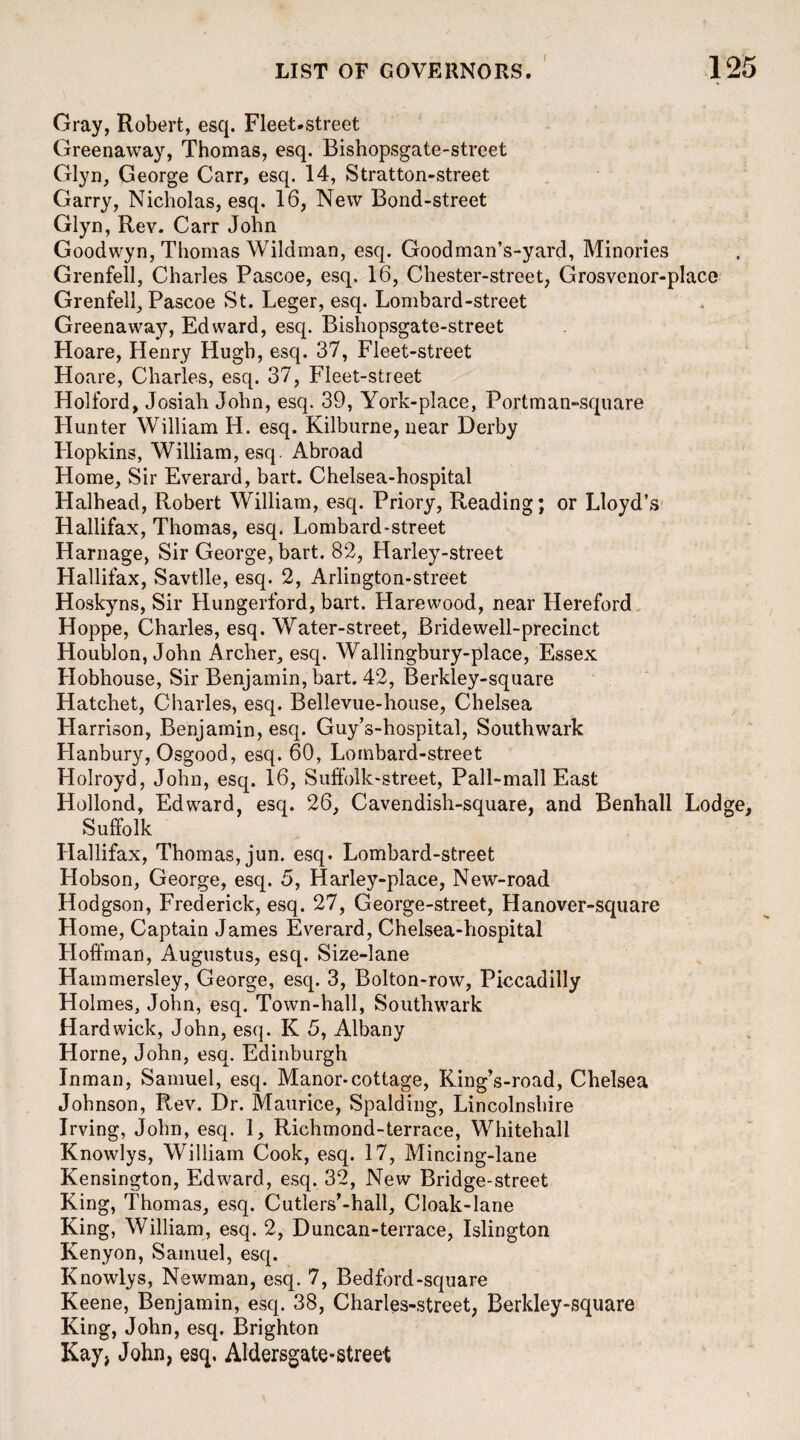 I LIST OF GOVERNORS. 125 Gray, Robert, esq. Fleet.street Greenaway, Thomas, esq. Bishopsgate-street Glyn, George Carr, esq. 14, Stratton-street Garry, Nicholas, esq. 16, New Bond-street Glyn, Rev. Carr John Goodwyn, Thomas Wildman, esq. Goodman’s-yard, Minories Grenfell, Charles Pascoe, esq. 16, Chester-street, Grosvenor-place Grenfell, Pascoe St. Leger, esq. Lombard-street Greenaway, Edward, esq. Bishopsgate-street Hoare, Henry Hugh, esq. 37, Fleet-street Hoare, Charles, esq. 37, Fleet-street Holford, Josiali John, esq. 39, York-place, Portman-square Plunter William H. esq. Kilburne, near Derby Hopkins, William, esq. Abroad Home, Sir Everard, bart. Chelsea-hospital Halhead, Robert William, esq. Priory, Reading; or Lloyd’s Hallifax, Thomas, esq. Lombard-street Harnage, Sir George, bart. 82, Harley-street Hallifax, Savtlle, esq. 2, Arlington-street Hoskyns, Sir Hungerford, bart. Harewood, near Hereford Hoppe, Charles, esq. Water-street, Bridewell-precinct Houblon, John Archer, esq. Wallingbury-place, Essex Ilobhouse, Sir Benjamin, bart. 42, Berkley-square Hatchet, Charles, esq. Bellevue-house, Chelsea Harrison, Benjamin, esq. Guy’s-hospital, Southwark LI anbury, Osgood, esq. 60, Lombard-street Holroyd, John, esq. 16, Suffolk-street, Pall-mall East Hollond, Edward, esq. 26, Cavendish-square, and Benhall Lodge, Suffolk Llallifax, Thomas, jun. esq. Lombard-street Hobson, George, esq. 5, Harley-place, New-road Hodgson, Frederick, esq. 27, George-street, Hanover-square Home, Captain James Everard, Chelsea-hospital Lloffman, Augustus, esq. Size-lane Hainmersley, George, esq. 3, Bolton-row, Piccadilly Holmes, John, esq. Town-hall, Southwark Hardwick, John, esq. K 5, Albany Horne, John, esq. Edinburgh Inman, Samuel, esq. Manor*cottage, King’s-road, Chelsea Johnson, Rev. Dr. Maurice, Spalding, Lincolnshire Irving, John, esq. 1, Richmond-terrace, Whitehall Knowlys, William Cook, esq. 17, Mincing-lane Kensington, Edward, esq. 32, New Bridge-street King, Thomas, esq. Cutlers’-hall, Cloak-lane King, William, esq. 2, Duncan-terrace, Islington Kenyon, Samuel, esq. Knowlys, Newman, esq. 7, Bedford-square Keene, Benjamin, esq. 38, Charles-street, Berkley-square King, John, esq. Brighton Kay, John, esq. Aldersgate-street