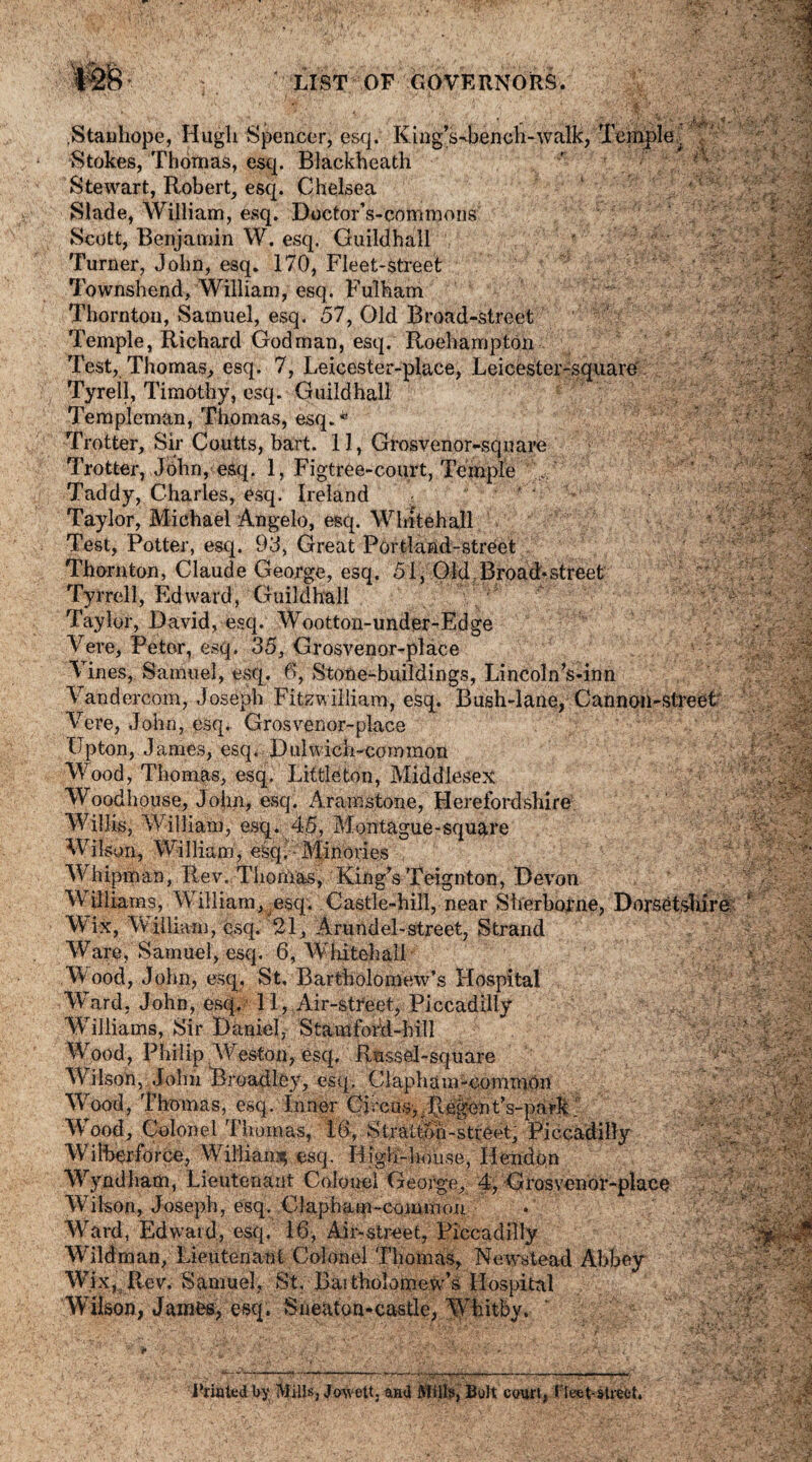 y ' ' ' n ... • .Stanhope, Hugh Spencer, esq. Kiog’s-Jbench-walk, Temple. / Stokes, Thomas, esq. Blackheath Stewart, Robert, esq. Chelsea Slade, William, esq. Doctor’s-commons Scott, Benjamin W. esq. Guildhall . - Turner, John, esq. 170, Fleet-street - Townshend, William, esq. Fulham Thornton, Samuel, esq. 57, Old Broad-street Temple, Richard Godman, esq. Roehampton Test, Thomas, esq. 7, Leicester-place, Leicester-square Tyreil, Timothy, esq. Guildhall Templeman, Thomas, esq.** Trotter, Sir Coutts, bart. 11, Grosvenor-square Trotter, John, esq. 1, Figtree-court, Temple  Taddy, Charles, esq. Ireland Taylor, Michael Angelo, esq. Whitehall ■ Test, Potter, esq. 93, Great Portland-street Thornton, Claude George, esq. 51, Old Broad*street Tyrrell, Edward, Guildhall Taylor, David, esq. Wootton-under-Edge Vere, Peter, esq. 35, Grosvenor-place Vines, Samuel, esq. 6, Stone-buildings, Lincoln’s-inn Vandercom, Joseph Fitzwilliam, esq. Bush-lane, Cannon-street Vere, John, esq. Grosvenor-place Upton, James, esq. Dulwich-common Wood, Thomas, esq. Littleton, Middlesex Woodhouse, John, esq. Arainstone, Herefordshire Willis, William, esq. 45, Montague-square Wilson, William, esq. Minories Whipman, Rev. Thomas, King’s Teignton, Devon W illiams, William, esq. Castle-hill, near Sherborne, Dorsetshire Wix, William, qsq. 21, Arundel-street, Strand Ware, Samuel, esq. 6, WhitehalL Wood, John, esq, St, Bartholomew’s Hospital Ward, John, esq, 11, Air-street, Piccadilly Williams, Sir Daniel. Stamfofd-hill Wood, Philip Weston, esq, Rsssel-square Wilson, John Broadley, esq. Clapham-common W^ood, Thomas, esq. Inner Circus,.RegentVpark; Wood, Colonel Thomas, 16, Stratton-street, Piccadilly Wilberforce, William^ esq. High-lmu.se, Hendon Wyndham, Lieutenant Colonel George, 4, Grosvenor-place Wilson, Joseph, esq. Clapham-common Ward, Edward, esq. 16, Air-street, Piccadilly W'ildman, Lieutenant Colonel Thomas, Newstead Abbey Wix^Rcv. Samuel, St. Baithoiomew’s Hospital Wilson, James, esq. Sneaton-castle, Whitby. i‘rioted by Mills, dwett. and Milts, Balt court, Fleet street.