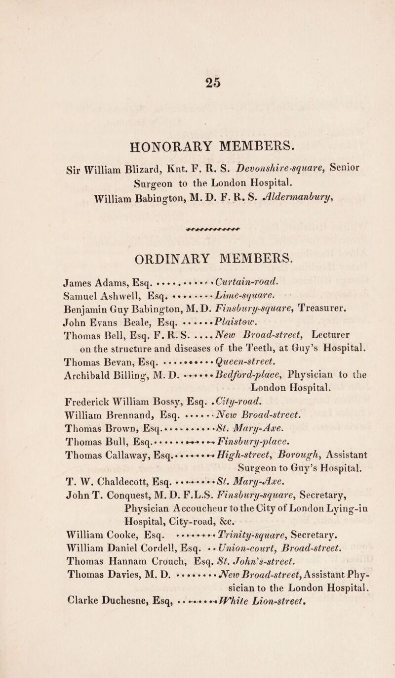 HONORARY MEMBERS. Sir William Blizard, Knt. F. R. S. Devonshire-square, Senior Surgeon to the London Hospital. William Babington, M. D. F. R. S. Aldermanbury, ORDINARY MEMBERS. James Adams, Esq. ••••.•*••«■» Curtain-road. Samuel Ash well, Esq..Lime-square. Benjamin Guy Babington, M.D. Finsbury-square, Treasurer. John Evans Beale, Esq..Plaistow. Thomas Bell, Esq. F. R. S.New Broad-street, Lecturer on the structure and diseases of the Teeth, at Guy’s Hospital. Thomas Bevan, Esq..«*•»• Queen-street. Archibald Billing, M. D. ...... Bed/ord-place, Physician to the London Hospital. Frederick William Bossy, Esq. .City-road. William Brennand, Esq..New Broad-street. Thomas Brown, Esq....St. Mary-Axe. Thomas Bull, Esq..—-• •— Finsbury-place. Thomas Callaway, Esq. • *». • * — High-street, Borough, Assistant Surgeon to Guy’s Hospital. T. W. Chaldecott, Esq. »* — • • ••St. Mary-Axe. JohnT. Conquest, M.D. F.L.S. Finsbury-square, Secretary, Physician A ccoucheur to the City of London Lying-in Hospital, City-road, &c. William Cooke, Esq. • • • • Trinity-square, Secretary. William Daniel Cordell, Esq. • • Union-court, Broad-street. Thomas Hannam Crouch, Esq. St. John's-street. Thomas Davies, M. D..JVeiv Broad-street, Assistant Phy¬ sician to the London Hospital. Clarke Duchesne, Esq, .• ... White Lion-street.