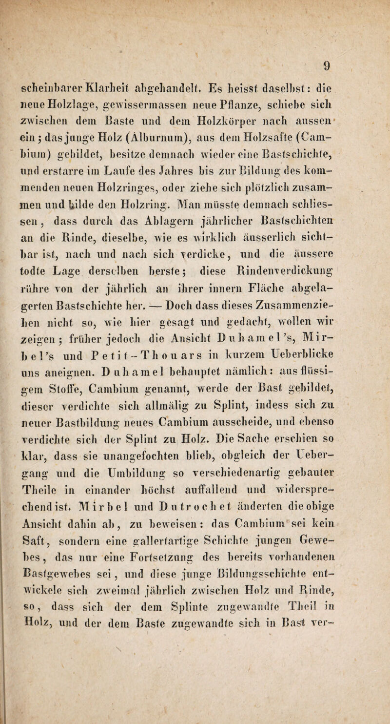 \ . scheinbarer Klarbeit abgehandelt. Es heisst daselbst: die neue Holzlage, gewisserinassen neuePflanze, schiebe sich zwischen dem Baste und dem Holzkcirper naeh aussen ein 5 dasjunge Holz (Alburnum), aus dem Holzsafte (Cam¬ bium) gebildef, besitze demnacb wieder eine Bastscliicbte, und erstarre im Laufe des Jahres bis zurBildung des kom- menden lieuen Holzringes, oder ziehe sieb pldtzlicb zusam- men und Uilde den Holzring. Man musste demnacb schlies- sen , dass durcb das Ablagern jahrlicher Bastschicbten an die Rinde, dieselbe, wie es wirklich ausserlich sicht- bar ist, nach und nacb sieb verdicke, und die iiussere todte Lage dersclben bersfe; diese RindeiiTerdickung ruhre von der iahrlich an ihrer inn era Fliicbe abijela- i/ ° gerten Bastschichte her. — Dock dass dieses Zusammenzie- lien nicht so, wie bier gesagt und gedacbt, wollen wir zeigen 5 frtiher jedoch die Ansicbt Dull am el’s, Mir— bel’s und Petit-Thouars in kurzem Ueberblicke uns aneignen. Dub am el bebauptet namlieh: aus fliissi- gem Stoffe, Cambium genannt, werde der Bast gebildef, diescr verdicbte sieb allmalig zu Splint, indess sieb zu neuer Bastbildung neues Cambium aussebeide, und ebenso verdicbte sich der Splint zu Holz. Die Sadie ersdiien so klar, dass sie unangefochten blieb, obgleicb der Ueber- gang und die Umbildung so versebiedenartig gebauter Tbeile in einander hochst auffallend und widerspre- cbendist. Mirbel und Dutrochet anderten dieobige Ansicbt dabin ab, zu beweisen : das Cambium sei kein Saft, sondern eine gallertartige Schicbte jungen Gewe- bes, das nur eine Fortsetzung des bereits vorhandeneii Basfgewebes sei, und diese junge Bildungsschichfe ent- wickele sich zweimal jabrlicb zwischen Holz und Rinde, so, dass sieb der dem Splinte zugewaudfe Tbeil in Holz, und der dem Baste zugewandte sieb in Basl ver-