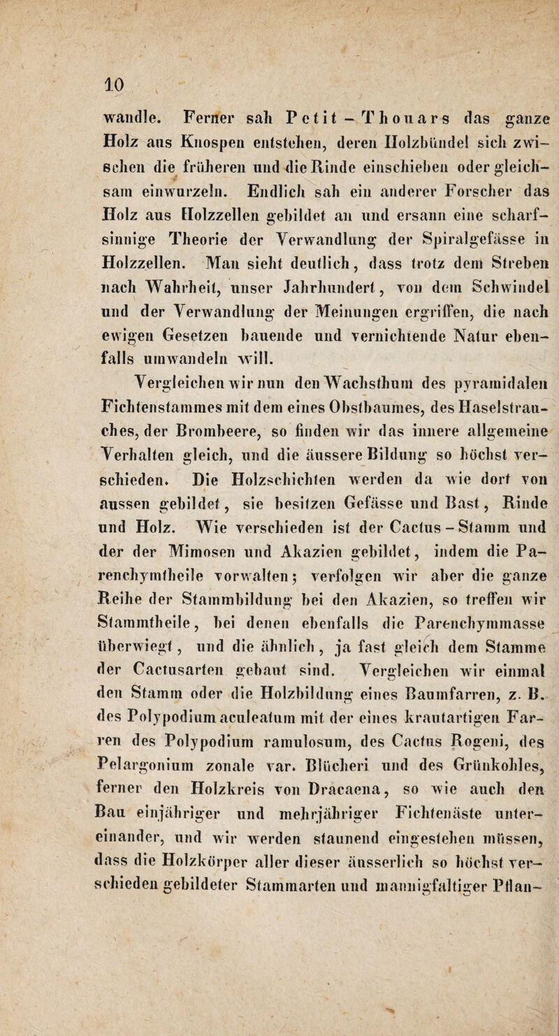 ' 1° , wandle. Ferner salt P ct it - T houar-s das gauze Holz aus Knospen entstehen, deren Ilolzbiindel sicii zwi- sclien die friiheren unddieRinde einschieben oder gleich- ■4 % sam einwurzeln. Endlich sah ein anderer Forscher das Holz aus Holzzellen gebildet an und ersann eine seliarf- sinnige Theorie dcr Yerwandlung der Spiralgefiisse in Holzzellen. Man sieht deutlich, dass trotz dein Streben naeh Wahrheil, unser Jahrlmndert, von dein Schwindel und der Yerwandlung der Meinungen ergriffen, die nach ewigen Gesetzen bauende und vernichiende Nalur eben- falls urawandeln will. Yergleiclien wir nun denWachsthnm des pyramidalen Fichtenstammes mit dein eines Obstbaumes, des Ilaselstrau- ches, der Broinbeere, so linden wir das innere allgeineine Yerhalten gleich, und die aussere Bildung so hochst ver- schieden. Die Holzsehicblen werden da wie dort von aussen gebildet, sie besitzen Gefilsse und Bast, Rinde und Holz. Wie verschieden ist der Cactus - Stamm und der der Mimosen und Akazien gebildet, indem die Pa- renchymfhcile vorwalten; verfolgen wir aber die ganze Reihe der Stammbildung bei den Akazien, so treffen wir Stammtheile, bei denen ebenfalls die Parenchymmasse tiberwiegf, und die ahnlicb , ja fast gleirh dem Stamme der Cactusarten gebaut sind. Yergleicben wir einmal den Stamm oder die Holzbildnng eines Baumfarren, z. B. des Polypodium aculeatum mit der eines krautartigen Far- ren des Poly podium ramulosum, des Cactus Rogeni, des Pelargonium zonale var. Blucheri und des Griinkobles, ferner den Holzkreis von Dracaena, so wie auch den Bau einjabriger und mehrjahriger Ficliteniiste unter- einander, und wir werden staunend eingestehen mtissen, dass die Holzkbrper aller dieser ansserlich so bdchst ver— schieden gebildeter Stammarten und mannigfaltiger Pilau-