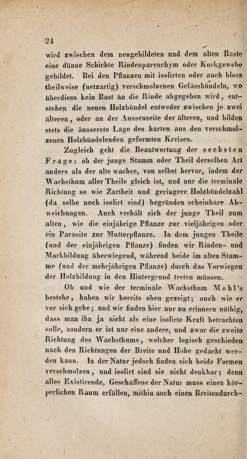 wird zwischen dem neugebildefen und dem alten Baste eine dunne Sehichte Rindenparenchym oder Korkgewebe erebildet. Bei den Pflanzen mit isolirten oder auch bloss theilweise (netzartig) yerscbmolzenen Gefassbundeln, wo iiberdiess kein Bast an die Rinde abgegeben wird , ent- steben die neuen Holzbundel entweder zwischen je zwei atteren, oder an der Ausseuseite der alteren, und bilden stets die ausserste Lage des harten aus den verschmol- zenen Holzbiindelenden geformten Kreises. Zugleich geht die Beantwortung der sechsten Frage: ob der junge Stamm oder Theil derselben Art anders als der alte wachse, von selbst hervor, indem der Wachsthum aller Theile gleich ist, und iiur die terminale Richtung so wie Zartheit und geringere Holzbiindelzahl (da selbe noch isolirt sind) begrunden scheinbare Ab- weicliungen. Auch verhalt sich der junge Theil zum alien , wie die einjahrige Pflanze zur vieljahrigen oder ein Parasite zur Mutterpflanze. In dem jungen Theile (und der einjahrigen Pflanze) finden wir Rinden- und Markbildung uberwiegend, wahrend beide im alten St am¬ ine (und der inehrjahrigen Pflanze) durch das Yorwiegen der Holzbildung in den Hintergrund treten mussen. Ob und wie der terminale Wachsthum Mohl’s bestehe, haben wir bereits oben gezeigt; auch wie er vor sichgehe; und wir finden hier nur zu erinnern nbfhig, dass man ihn ja nicht als eine isolirte Kraft betrachten solle, sondern er ist nur eine andere, und zwar die zweite Richtung des Wachsthums, welcher logisch geschieden nach den Richtungen der Breite und Hdhe gedacht wer- den kann. In der Natur jedoch finden sich beide Formen verschmolzen, und isolirt sind sie nicht denkbar; denn alles Existirende, Geschaffene der Natui muss einen kdr- perlichen Raum erfilllen, mithin auch einen Breitendurch- i j ■ L .