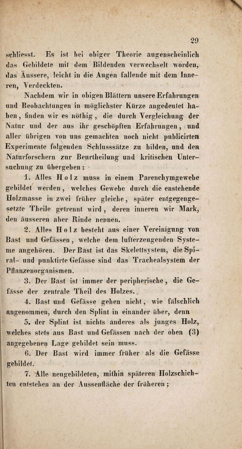 schliesst. Es ist bei obiger Theorie augenscheinlich das Gebildete ini < do in Bildeijden verwechselt warden, das Aussere, leiclit in die Augen fallende mit dem Imie- ren, Yerdeckten. ' - Nachdem wir in obigen Blattern unsere Erfahrungen and Beobachtungen in moglichster Kiirze angedeulet ha- ben, finden wir es nothig , die durch Yerg;leichung der Natur und der aus ihr geschbpften Erfahrungen, und aller iibrigen von uns gemachten noch nicht publicirten Experiinente folgenden Schlusssatze zu bilden, und den Naturforscbern zur Beurtheilung und kritischen Unter- suchun»: zu iibergeben : * . 1. Alles H o 1 z muss in einem Parenchymgewebe gebildet werden, welches Gewebc durch die enstehende Holzmasse in zwei friiher gleiche, spiiter entgegenge- sefzte Theile getrennt wird , deren inneren wir Mark, den ausseren aber Rinde nennen* 2. Alles Holz besteht aus einer Yereinigung von Bast und Gefassen, welche dem lufterzeugenden Syste- me angehoren. Der Bast ist das Skeleftsystein, die Spi¬ ral- und punktirfe Gefasse sind das Trachealsystem der Pflanzenorganismen. 3. Per Bast ist iinmer der peripherische, die Ge¬ fasse der zenfrale Theil des Holzes. 4. Bast und Gefasse gehen nicht, wie falschlich angenomnien, durch den Splint in einander iiber, denn 5. der Splint ist nichts anderes als junges Holz, welches stets aus Bast und Gefassen nach der oben (3) angegebenen Lage gebildet sein muss. 6. Der Bast wird immer friiher als die Gefasse gebildet. 7. Alle neugebildeten, mithin spateren Holzschich- ten cnfstehen an der Aussenflache der friihereh;