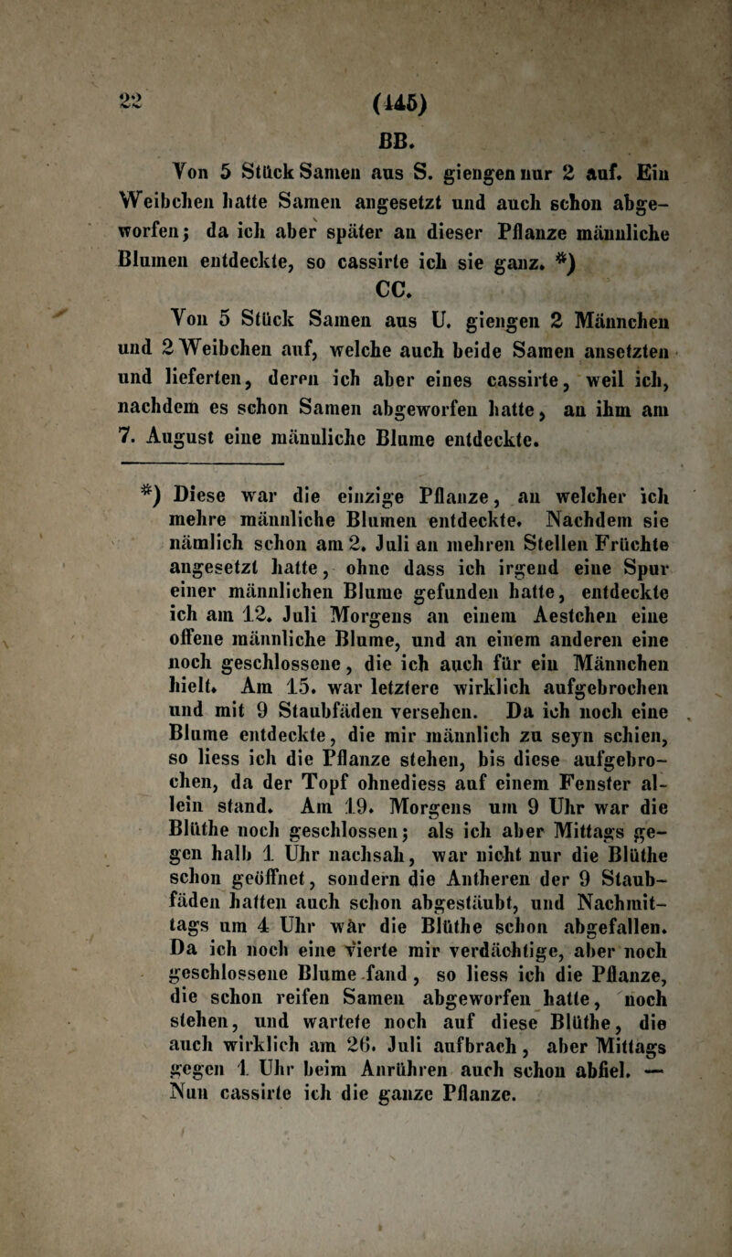 BB. Von 5 Stack Samen aus S. giengennur 2 auf. Ein Weibchen hatte Samen angesetzt und auch schon abge¬ worfen; da ich aber später an dieser Pflanze männliche Blumen entdeckte, so cassirle ich sie ganz. *) CC. Yon 5 Stück Samen aus U. giengen 2 Männchen und 2 Weibchen auf, welche auch beide Samen ansetzten und lieferten, deren ich aber eines cassirte, weil ich, nachdem es schon Samen abgeworfen hatte, an ihm am 7. August eine mäiiuliche Blume entdeckte. *) Diese war die einzige Pflanze, an welcher ich mehre männliche Blumen entdeckte. Nachdem sie nämlich schon am 2. Juli an mehren Stellen Früchte angesetzt hatte, ohne dass ich irgend eine Spur einer männlichen Blume gefunden hatte, entdeckte ich am 12* Juli Morgens an einem Aestchen eine offene männliche Blume, und an einem anderen eine noch geschlossene, die ich auch für eiu Männchen hielt. Am 15. war letztere wirklich aufgebrochen und mit 9 Staubfäden versehen. Da ich noch eine Blume entdeckte, die mir männlich zu seyn schien, so Hess ich die Pflanze stehen, bis diese aufgebro¬ chen, da der Topf ohnediess auf einem Fenster al¬ lein stand. Am 19. Morgens um 9 Uhr war die Blüthe noch geschlossen; als ich aber Mittags ge¬ gen halb 1 Uhr nachsah, war nicht nur die Blüthe schon geöffnet, sondern die Antheren der 9 Staub¬ fäden hatten auch schon abgestäubt, und Nachmit¬ tags um 4 Uhr war die Blüthe schon abgefallen. Da ich noch eine vierte mir verdächtige, aber noch geschlossene Blume fand , so liess ich die Pflanze, die schon reifen Samen abgeworfen hatte, noch stehen, und wartete noch auf diese Blüthe, die auch wirklich am 26. Juli aufbrach, aber Mittags gegen 1 Uhr beim Anrühren auch schon abflel. — Nun cassirte ich die ganze Pflanze.