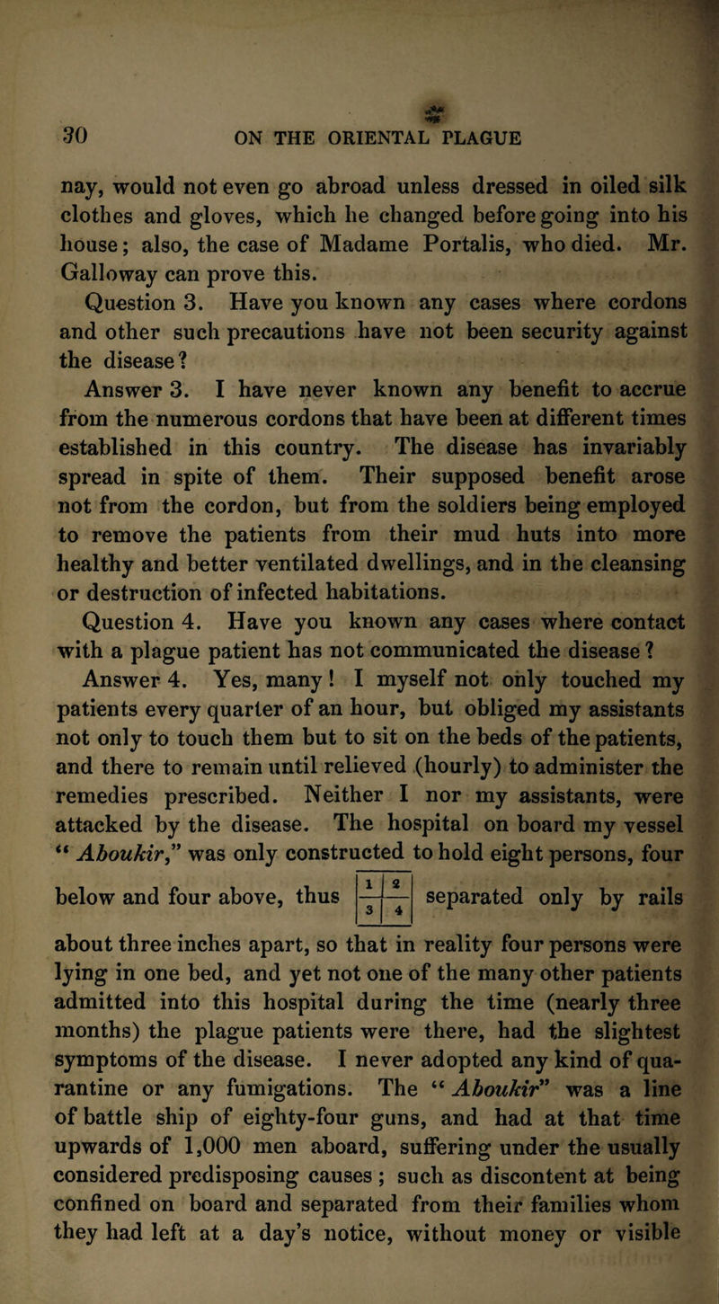 nay, would not even go abroad unless dressed in oiled silk clothes and gloves, which he changed before going into his house; also, the case of Madame Portalis, who died. Mr. Galloway can prove this. Question 3. Have you known any cases where cordons and other such precautions have not been security against the disease? Answer 3. I have never known any benefit to accrue from the numerous cordons that have been at different times established in this country. The disease has invariably spread in spite of them. Their supposed benefit arose not from the cordon, but from the soldiers being employed to remove the patients from their mud huts into more healthy and better ventilated dwellings, and in the cleansing or destruction of infected habitations. Question 4. Have you known any cases where contact with a plague patient has not communicated the disease ? Answer 4. Yes, many ! I myself not only touched my patients every quarter of an hour, but obliged my assistants not only to touch them but to sit on the beds of the patients, and there to remain until relieved (hourly) to administer the remedies prescribed. Neither I nor my assistants, were attacked by the disease. The hospital on board my vessel “ Aboukir,” was only constructed to hold eight persons, four below and four above, thus separated only by rails about three inches apart, so that in reality four persons were lying in one bed, and yet not one of the many other patients admitted into this hospital during the time (nearly three months) the plague patients were there, had the slightest symptoms of the disease. I never adopted any kind of qua¬ rantine or any fumigations. The “ Aboukir” was a line of battle ship of eighty-four guns, and had at that time upwards of 1,000 men aboard, suffering under the usually considered predisposing causes ; such as discontent at being confined on board and separated from their families whom they had left at a day’s notice, without money or visible