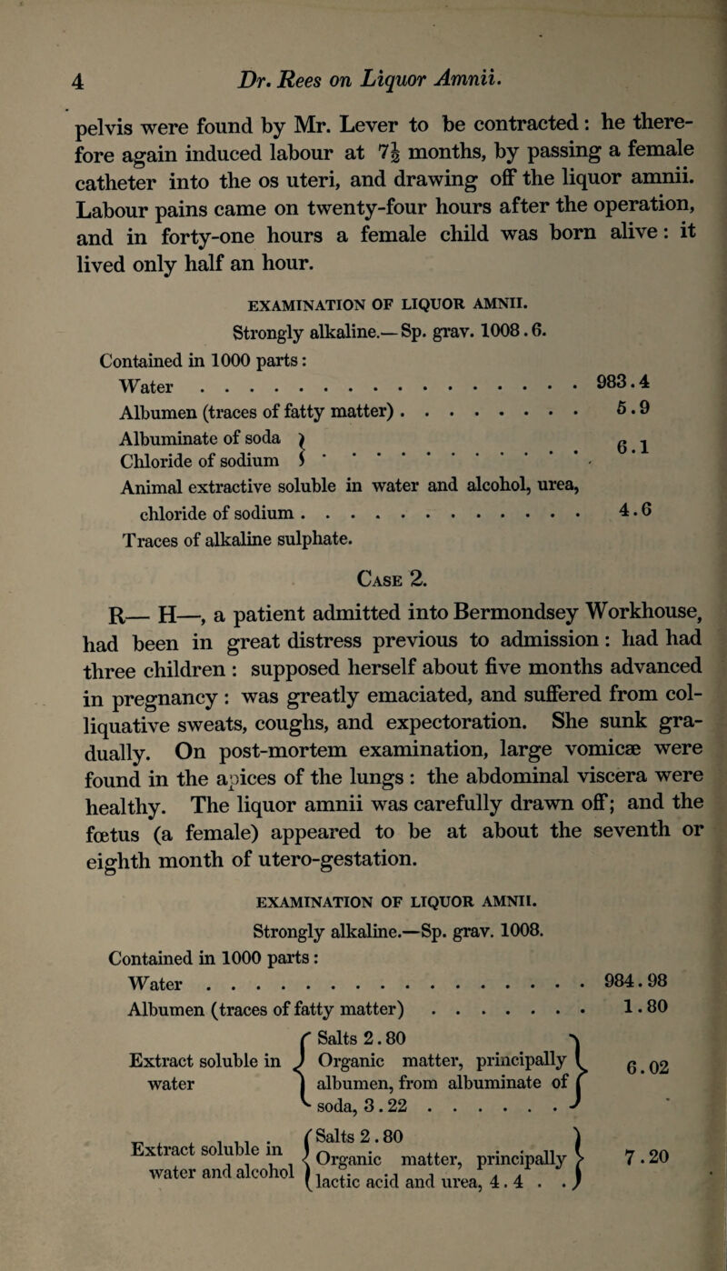 pelvis were found by Mr. Lever to be contracted : he there¬ fore again induced labour at 7i months, by passing a female catheter into the os uteri, and drawing off the liquor amnii. Labour pains came on twenty-four hours after the operation, and in forty-one hours a female child was born alive: it lived only half an hour. EXAMINATION OF LIQUOR AMNII. Strongly alkaline.—Sp. grav. 1008.6. Contained in 1000 parts: Water.• 4 Albumen (traces of fatty matter). 5*9 Albuminate of soda ^ ^ ^ Chloride of sodium S.< Animal extractive soluble in water and alcohol, urea, chloride of sodium .. 4.6 Traces of alkaline sulphate. Case 2. R— H—, a patient admitted into Bermondsey Workhouse, had been in great distress previous to admission: had had three children : supposed herself about five months advanced in pregnancy : was greatly emaciated, and suffered from col¬ liquative sweats, coughs, and expectoration. She sunk gra¬ dually. On post-mortem examination, large vomicae were found in the apices of the lungs : the abdominal viscera were healthy. The liquor amnii was carefully drawn off; and the foetus (a female) appeared to be at about the seventh or eighth month of utero-gestation. EXAMINATION OF LIQUOR AMNII. Strongly alkaline.—Sp. grav. 1008. Contained in 1000 parts: Water. Albumen (traces of fatty matter). Extract soluble in water Salts 2.80 Organic matter, principally albumen, from albuminate of soda, 3.22. } Extract soluble in water and alcohol f Salts 2.80 < Organic matter^ (lactic acid and urea ’, principally > L’ea, 4.4. . / 984.98 1.80 6.02 7.20