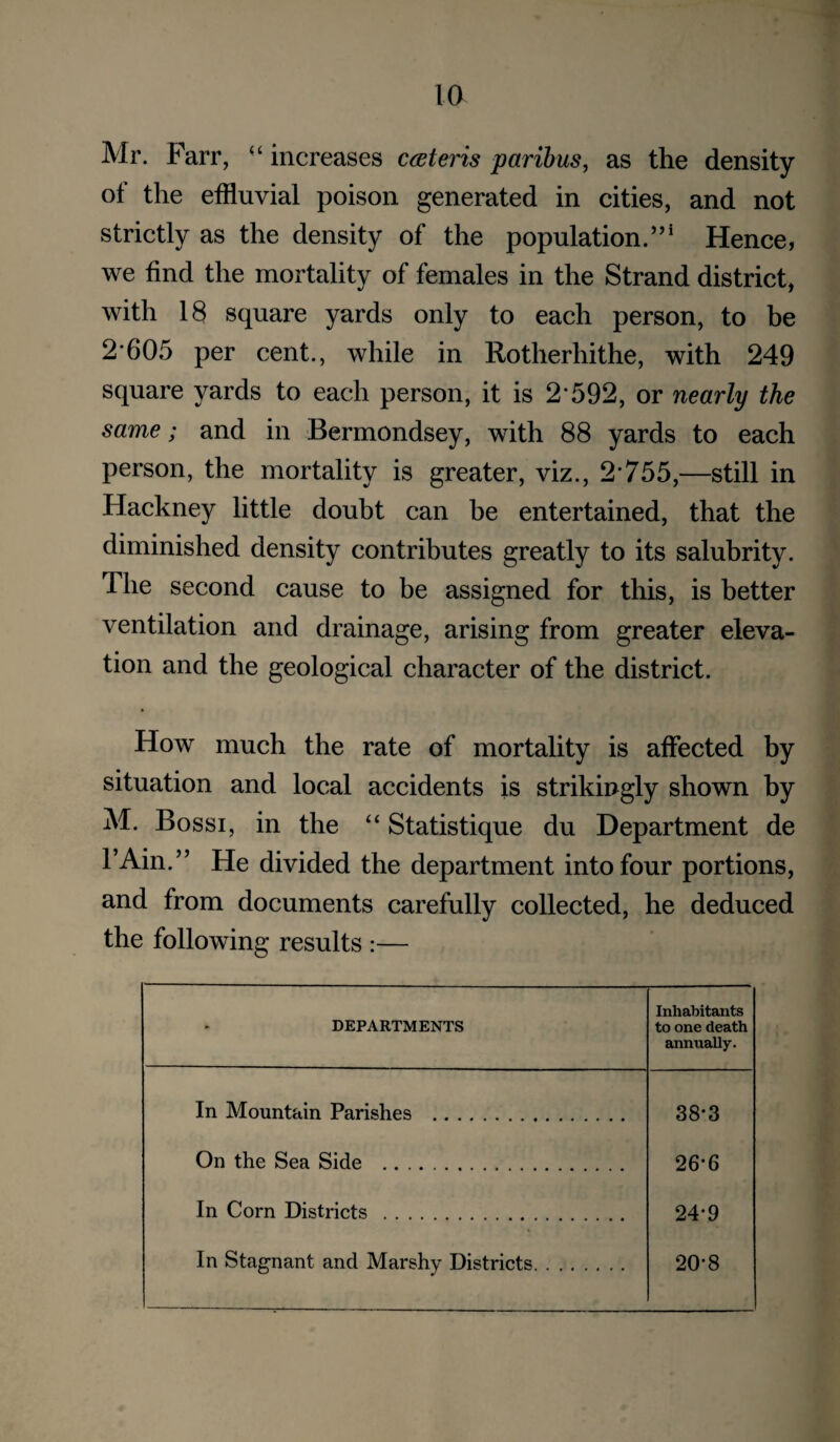 Mr. Farr, increases cceteris paribus, as the density of the effluvial poison generated in cities, and not strictly as the density of the population.”* Hence, we find the mortality of females in the Strand district, with 18 square yards only to each person, to be 2-605 per cent., while in Eotherhithe, with 249 square yards to each person, it is 2*592, or nearly the same; and in Bermondsey, with 88 yards to each person, the mortality is greater, viz., 2*755,—still in Hackney little doubt can be entertained, that the diminished density contributes greatly to its salubrity. The second cause to be assigned for this, is better ventilation and drainage, arising from greater eleva¬ tion and the geological character of the district. How much the rate of mortality is affected by situation and local accidents is strikingly shown by M. Bossi, in the “ Statistique du Department de I’Ain.” He divided the department into four portions, and from documents carefully collected, he deduced the following results :— - DEPARTMENTS Inhabitants to one death annually. In Mountain Parishes . 38-3 On the Sea Side . 26-6 In Corn Districts . 24-9 In Stagnant and Marshy Districts. 20-8