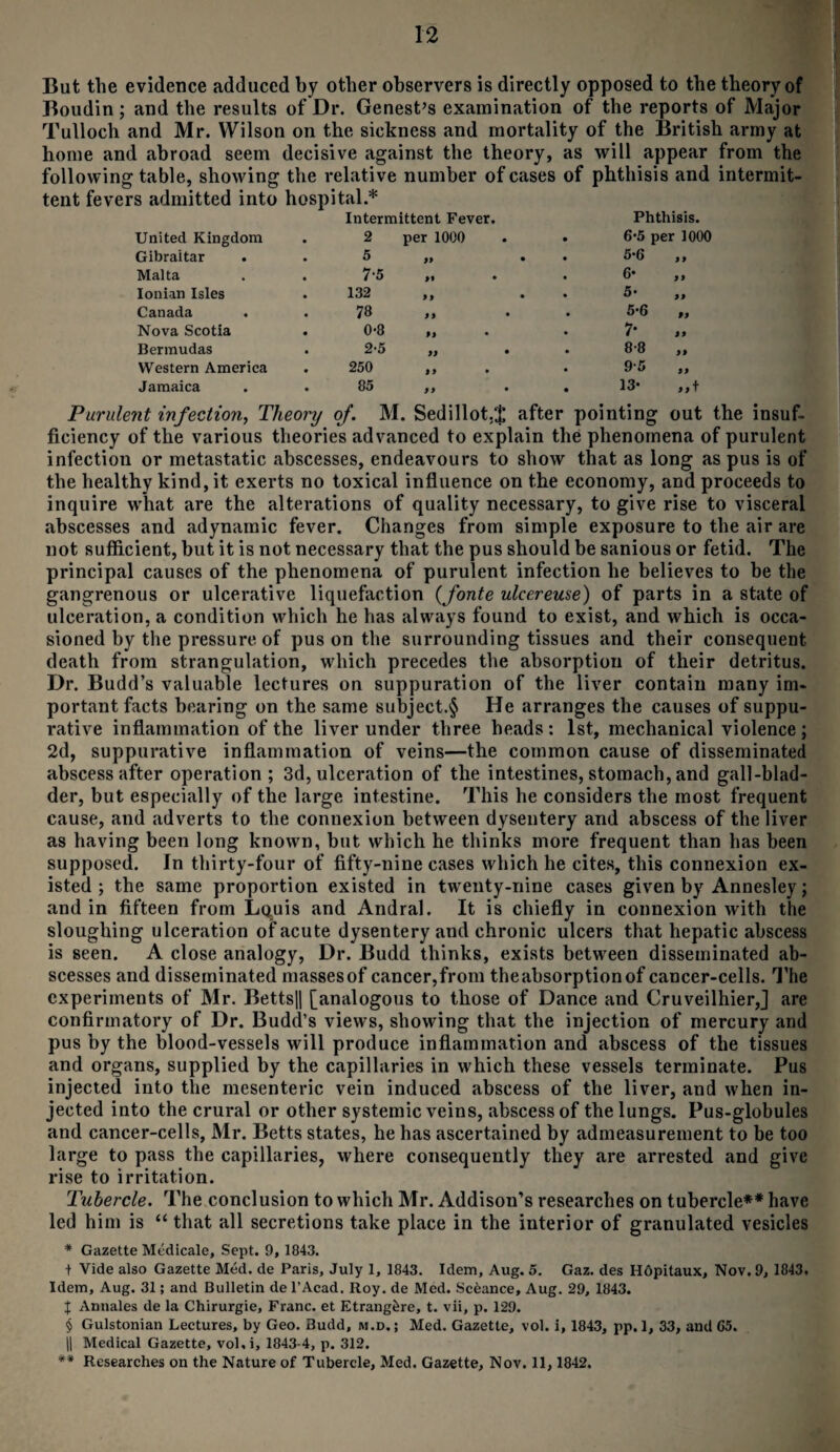 But the evidence adduced by other observers is directly opposed to the theory of Boudin; and the results of Dr. Genest’s examination of the reports of Major Tulloch and Mr. Wilson on the sickness and mortality of the British army at home and abroad seem decisive against the theory, as will appear from the following table, showing the relative number of cases of phthisis and intermit¬ tent fevers admitted into hospital.* Intermittent Fever. Phthisis. United Kingdom 2 per 1000 . • 6*5 per 1000 Gibraltar . 5 » • • 5*6 99 Malta 75 i* • • 6- 99 Ionian Isles 132 M • • 5- 99 Canada 78 n • • 5-6 99 Nova Scotia 0-8 M • • 7* 99 Bermudas 25 99 • • 8-8 99 Western America 250 i) ♦ • 9-5 99 Jamaica 85 99 • • 13- Purulent infection, Theory of. M. Sedillot,^ after pointing out the insuf¬ ficiency of the various theories advanced to explain the phenomena of purulent infection or metastatic abscesses, endeavours to show that as long as pus is of the healthy kind, it exerts no toxical influence on the economy, and proceeds to inquire what are the alterations of quality necessary, to give rise to visceral abscesses and adynamic fever. Changes from simple exposure to the air are not sufficient, but it is not necessary that the pus should be sanious or fetid. The principal causes of the phenomena of purulent infection he believes to be the gangrenous or ulcerative liquefaction (fonte ulcereuse) of parts in a state of ulceration, a condition which he has always found to exist, and which is occa¬ sioned by the pressure of pus on the surrounding tissues and their consequent death from strangulation, which precedes the absorption of their detritus. Dr. Budd’s valuable lectures on suppuration of the liver contain many im¬ portant facts bearing on the same subject.^ He arranges the causes of suppu¬ rative inflammation of the liver under three heads: 1st, mechanical violence; 2d, suppurative inflammation of veins—the common cause of disseminated abscess after operation; 3d, ulceration of the intestines, stomach, and gall-blad¬ der, but especially of the large intestine. This he considers the most frequent cause, and adverts to the connexion between dysentery and abscess of the liver as having been long known, but which he thinks more frequent than has been supposed. In thirty-four of fifty-nine cases which he cites, this connexion ex¬ isted ; the same proportion existed in twenty-nine cases given by Annesley; and in fifteen from Louis and Andral. It is chiefly in connexion with the sloughing ulceration of acute dysentery and chronic ulcers that hepatic abscess is seen. A close analogy, Dr. Budd thinks, exists between disseminated ab¬ scesses and disseminated massesof cancer,from theahsorptionof cancer-cells. The experiments of Mr. Betts|| [analogous to those of Dance and Cruveilhier,] are confirmatory of Dr. Budd’s views, showing that the injection of mercury and pus by the blood-vessels will produce inflammation and abscess of the tissues and organs, supplied by the capillaries in which these vessels terminate. Pus injected into the mesenteric vein induced abscess of the liver, and when in¬ jected into the crural or other systemic veins, abscess of the lungs. Pus-globules and cancer-cells, Mr. Betts states, he has ascertained by admeasurement to be too large to pass the capillaries, where consequently they are arrested and give rise to irritation. Tubercle. The conclusion to which Mr. Addison’s researches on tubercle** have led him is “ that all secretions take place in the interior of granulated vesicles * Gazette Medicate, Sept. 9, 1843. + Vide also Gazette Med. de Paris, July 1, 1843. Idem, Aug. 5. Gaz. des Hopitaux, Nov. 9, 1843. Idem, Aug. 31; and Bulletin de l’Acad. Roy. de Med. Sceance, Aug. 29, 1843. X Annales de la Chirurgie, Franc, et Etrang&re, t. vii, p. 129. § Gulstonian Lectures, by Geo. Budd, m.d.; Med. Gazette, vol. i, 1843, pp. 1, 33, and G5. || Medical Gazette, vol.i, 1843-4, p. 312. ** Researches on the Nature of Tubercle, Med. Gazette, Nov. 11, 1842.