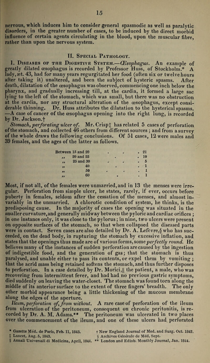 nervous, which induces him to consider general spasmodic as well as paralytic disorders, in the greater number of cases, to be induced by the direct morbid influence of certain agents circulating in the blood, upon the muscular fibre, rather than upon the nervous system. II. Special Pathology. 1. Diseases of the Digestive System.—(Esophagus. An example of greatly dilated oesophagus is recorded by Professor Huss, of Stockholm.* A lady, set. 43, had for many years regurgitated her food (often six or twelve hours after taking it) unaltered, and been the subject of hysteric spasms. After death, dilatation of the oesophagus was observed, commencing one inch below the pharynx, and gradually increasing till, at the cardia, it formed a large sac lying to the left of the stomach, which was small, but there was no obstruction at the cardia, nor any structural alteration of the oesophagus, except consi¬ derable thinning. Dr. Huss attributes the dilatation to the hysterical spasms. —A case of cancer of the oesophagus opening into the right lung, is recorded by Dr. Jackson.f Stomach, perforating ulcer of . Mr. Crisp} has related 5 cases of perforation of the stomach, and collected 46 others from different sources ; and from a survey of the whole draws the following conclusions. Of 51 cases, 12 were males and 39 females, and the ages of the latter as follows. Between 15 and 20 • # . 21 20 and 25 • . 10 99 25 and 30 • • . 5 99 40 • . 1 99 50 • • . 1 99 60 • . 1 Most, if not all, of the females were unmarried, and in 13 the menses were irre¬ gular. Perforation from simple ulcer, he states, rarely, if ever, occurs before puberty in females, seldom after the cessation of the menses, and almost in¬ variably in the unmarried. A chlorotic condition of system, he thinks, is the predisposing cause. In the majority of cases the opening was situated in the smaller curvature, and generally midway between the pyloric and cardiac orifices ; in one instance only, it was close to the pylorus; in nine, two ulcers were present on opposite surfaces of the stomach, so that when collapsed the diseased parts were in contact. Seven cases are also detailed by Dr. A. Lefevre,§ who has suc¬ ceeded, on the dead body, in rupturing the stomach by excessive inflation, and states that the openings thus made are of various forms, somcperfectly round. He believes many of the instances of sudden perforation are caused by the ingestion of indigestible food, and the generation of gas; that the stomach is thus paralysed, and unable either to pass its contents, or expel them by vomiting ; that the acrid mass being retained softens the stomach, and thus further disposes to perforation. In a case detailed by Dr. Morici,|l the patient, a male, who was recovering from intermittent fever, and had had no previous gastric symptoms, died suddenly on leaving the water-closet. The stomach was found torn along the middle of its anterior surface to the extent of three fingers’ breadth. The only other morbid appearance being a little thickening of the mucous membrane along the edges of the aperture. Ileum, perforation of, from without. A rare case of perforation of the ileum from ulceration of the peritoneum, consequent on chronic peritonitis, is re¬ corded by Dr. A. M. Adams.** The peritoneum was ulcerated in two places over the commencement of the ileum, and one of these ulcers had perforated * Gazette Med. de Paris, Feb. 11, 1843. t New England Journal of Med. and Surg. Oct. 1842. t Lancet, Aug. 5, 1843. § Archives Generate de Mdd. Sept. || Annali Universali di Medicina, April, 1844. ** London and Edinb. Monthly Journal, Jan. 1844.