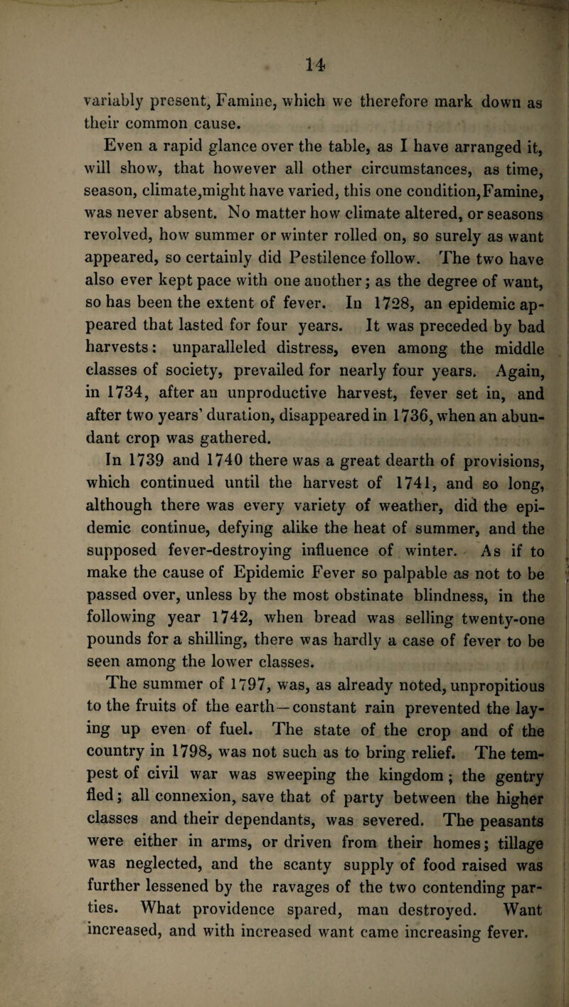 variably present, Famine, which we therefore mark down as their common cause. Even a rapid glance over the table, as I have arranged it, will show, that however all other circumstances, as time, season, climate,might have varied, this one condition,Famine, was never absent. No matter how climate altered, or seasons revolved, how summer or winter rolled on, so surely as want appeared, so certainly did Pestilence follow. The two have also ever kept pace with one another; as the degree of want, so has been the extent of fever. In 1728, an epidemic ap¬ peared that lasted for four years. It was preceded by bad harvests: unparalleled distress, even among the middle classes of society, prevailed for nearly four years. Again, in 1734, after an unproductive harvest, fever set in, and after two years’ duration, disappeared in 1736, when an abun¬ dant crop was gathered. In 1739 and 1740 there was a great dearth of provisions, which continued until the harvest of 1741, and so long, although there was every variety of weather, did the epi¬ demic continue, defying alike the heat of summer, and the supposed fever-destroying influence of winter. As if to make the cause of Epidemic Fever so palpable as not to be passed over, unless by the most obstinate blindness, in the following year 1742, when bread was selling twenty-one pounds for a shilling, there was hardly a case of fever to be seen among the lower classes. The summer of 1797, was, as already noted, unpropitious to the fruits of the earth —constant rain prevented the lay¬ ing up even of fuel. The state of the crop and of the country in 1798, w as not such as to bring relief. The tem¬ pest of civil war was sweeping the kingdom; the gentry fled; all connexion, save that of party between the higher classes and their dependants, was severed. The peasants were either in arms, or driven from their homes; tillage was neglected, and the scanty supply of food raised was further lessened by the ravages of the two contending par¬ ties. What providence spared, man destroyed. Want increased, and with increased want came increasing fever.