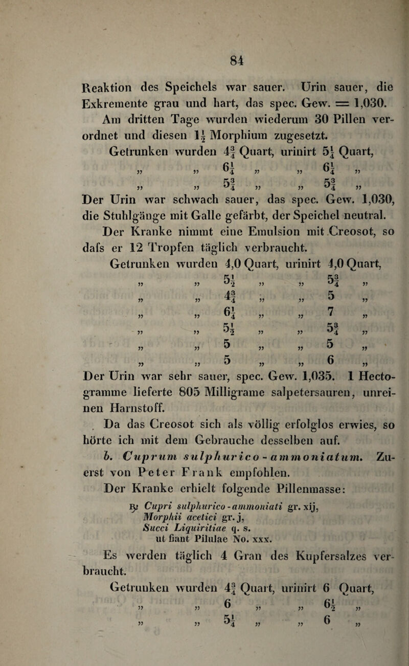 Reaktion des Speichels war sauer. Urin sauer, die Exkremente grau und hart, das spec. Gew. = 1,030. Am dritten Tage wurden wiederum 30 Pillen ver¬ ordnet und diesen Morphium zugesetzt. Getrunken wurden 4| Quart, urinirt Quart, 5> ^4 ” » ^4. » Der Urin war schwach sauer, das spec. Gew. 1,030, die Stuhlgänge mit Galle gefärbt, der Speichel neutral. Der Kranke nimmt eine Emulsion mit .Creosot, so dafs er 12 Tropfen täglich verbraucht. Getrunken wurden 4,0 Quart, urinirt 4,0 Quart, 5’ 0‘2 5> 7 - 7 5| 5> ?> 4.2 ^4 5 61 j; 7 >> 5' 5! JJ >? >? 5 J7 5 >? 6 Der Urin war sehr sauer, spec. Gew. 1,035. 1 Hecto- gramme lieferte 805 Milligrame salpetersauren, unrei¬ nen Harnstoff. Da das Creosot sich als völlig erfolglos erwies, so hörte ich mit dem Gebrauche desselben auf. h, Cupriim stilphurico - ammoniatunu Zu¬ erst von Peter Frank empfohlen. Der Kranke erhielt folgende Pillenmasse: ^ Cupri sulphurico-ammoniati gr. xij, Morphii acetici gr.j, Succi Liquiritiae q. s. iit fiant Pilulae No. xxx. Es werden täglich 4 Gran des Kupfersalzes ver¬ braucht. Getrunken wurden 4| Quart, urinirt 6 Quart, 6 6^