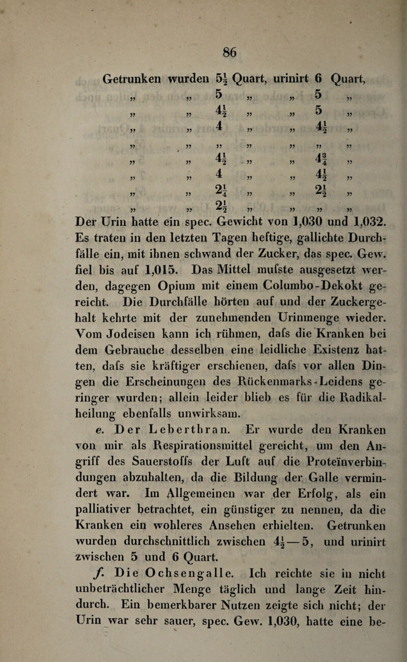 Getrunken wurden 5| Quart, urinirt 6 Quart, 11 5 11 11 5 11 11 11 11 5 11 11 4 11 11 4i ^2 11 11 11 11 11 11 11 11 11 11 4i ^2 . 11 11 41 11 11 11 4 11 11 44 11 11 11 11 11 11 11 11 2^ 11 11 11 11 Der Urin hatte ein spec. Gewicht von 1,030 und 1,032. Es traten in den letzten Tagen heftige, gallichte Durch¬ fälle ein, mit ihnen schwand der Zucker, das spec. Gew. fiel bis auf 1,015. Das Mittel mufste ausgesetzt wer¬ den, dagegen Opium mit einem Columbo-Dekokt ge¬ reicht. Die Durchfälle hörten auf und der Zuckerge¬ halt kehrte mit der zunehmenden Urinmenge wieder. Vom Jodeisen kann ich rühmen, dafs die Kranken bei dem Gebrauche desselben eine leidliche Existenz hat¬ ten, dafs sie kräftiger erschienen, dafs vor allen Din¬ gen die Erscheinungen des Rückenmarks-Leidens ge¬ ringer wurden; allein leider blieb es für die Radikal¬ heilung ebenfalls unwirksam. e. Der Leberthran. Er wurde den Kranken von mir als Respirationsmittel gereicht, um den An¬ griff des Sauerstoffs der Luft auf die Prote'inverbin- dungen abzuhalten, da die Bildung der Galle vermin¬ dert war. Im Allgemeinen war der Erfolg, als ein palliativer betrachtet, ein günstiger zu nennen, da die Kranken ein wohleres Ansehen erhielten. Getrunken wurden durchschnittlich zwischen —5, und urinirt zwischen 5 und 6 Quart. f. Die Ochsengalle. Ich reichte sie in nicht unbeträchtlicher Menge täglich und lange Zeit hin¬ durch. Ein bemerkbarer Nutzen zeigte sich nicht; der Urin war sehr sauer, spec. Gew. 1,030, hatte eine be-